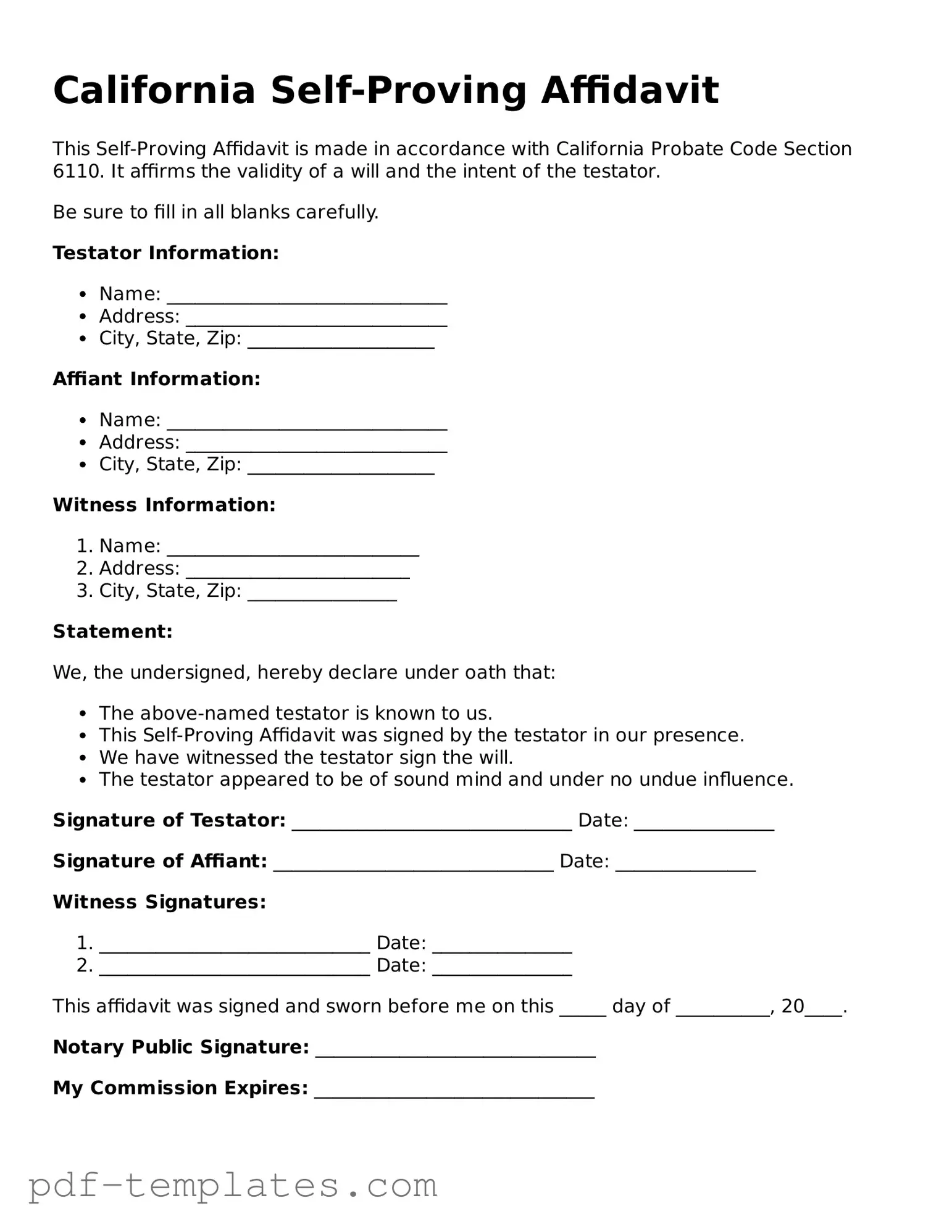 Official Self-Proving Affidavit Template for California State
