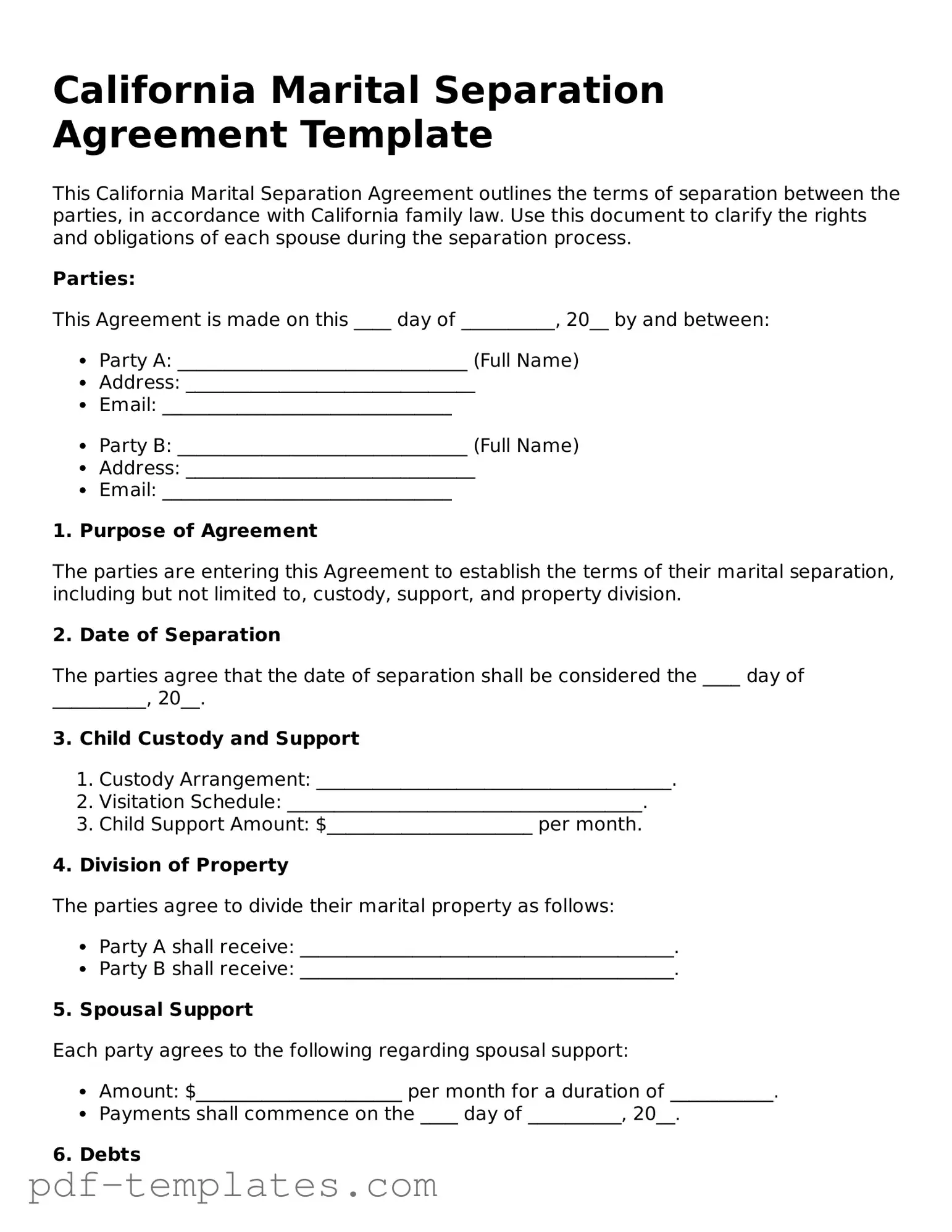Official Marital Separation Agreement Template for California State
