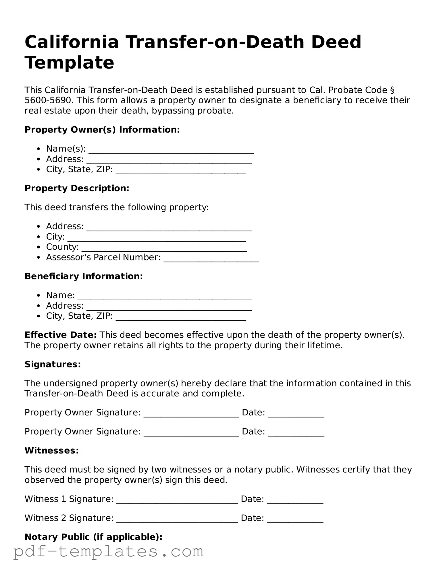 Official Transfer-on-Death Deed Template for California State
