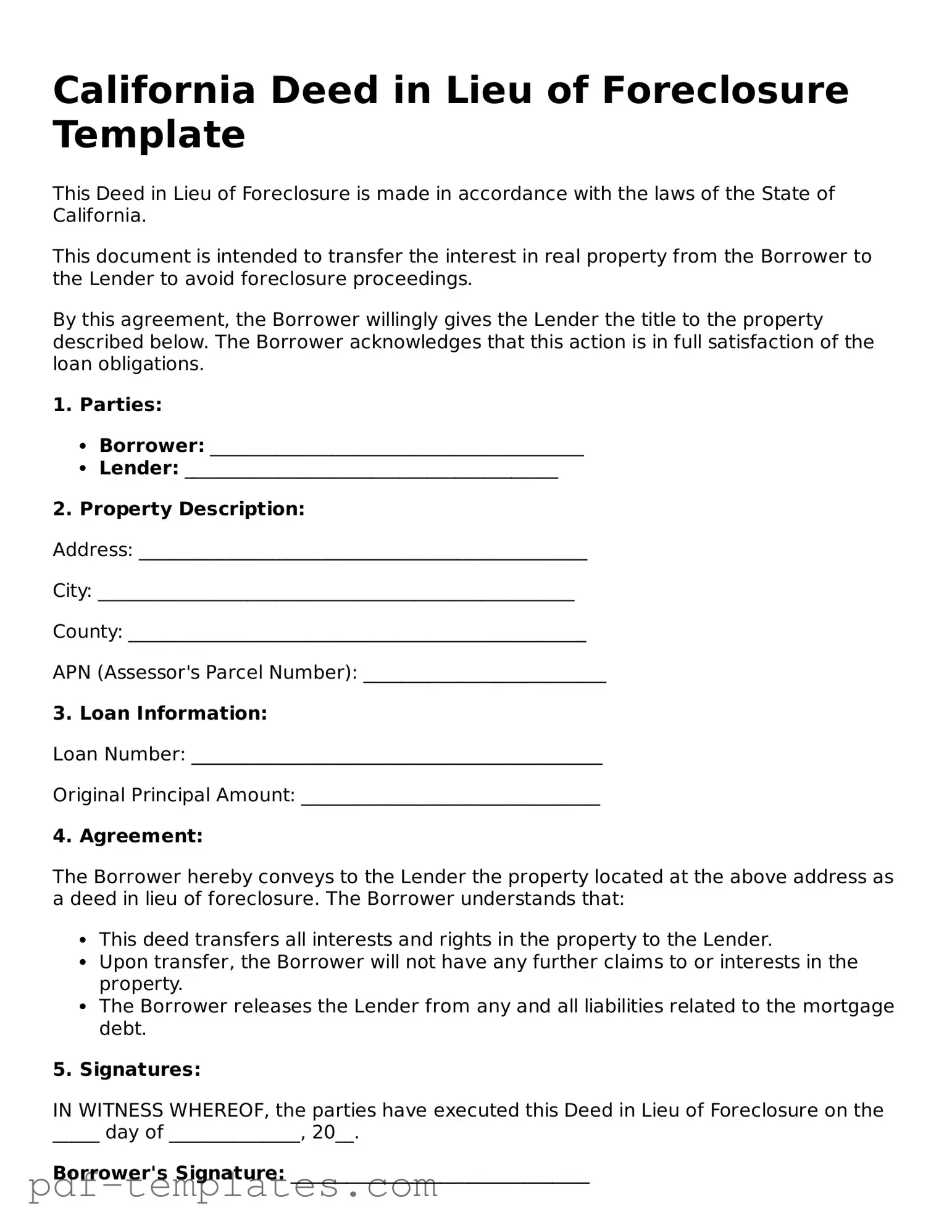 Official Deed in Lieu of Foreclosure Template for California State