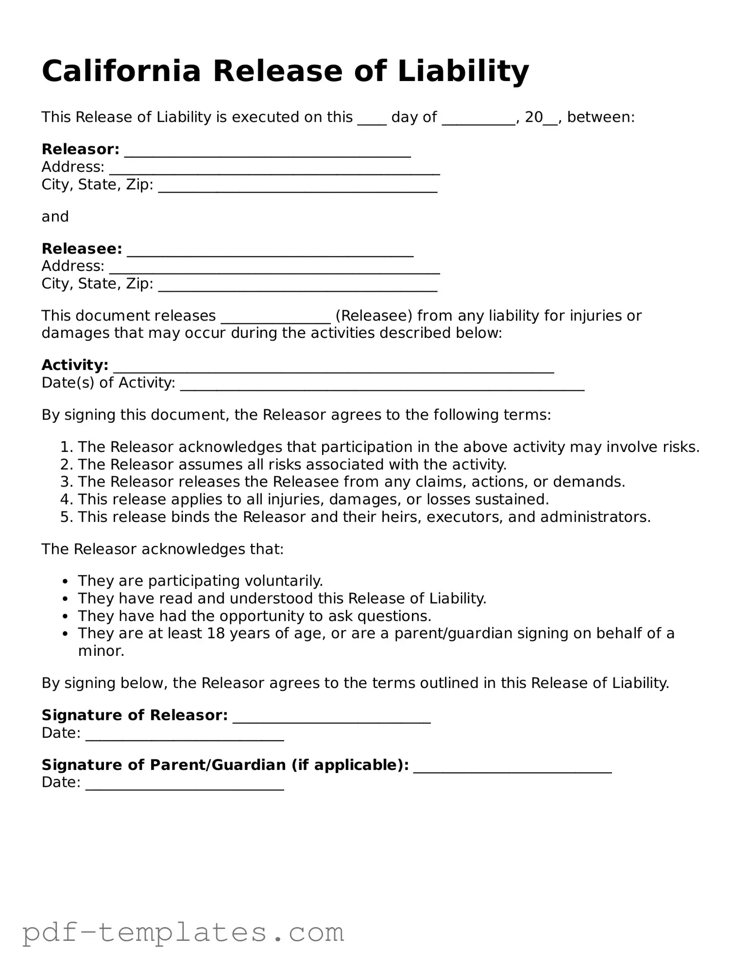 Official Release of Liability Template for California State
