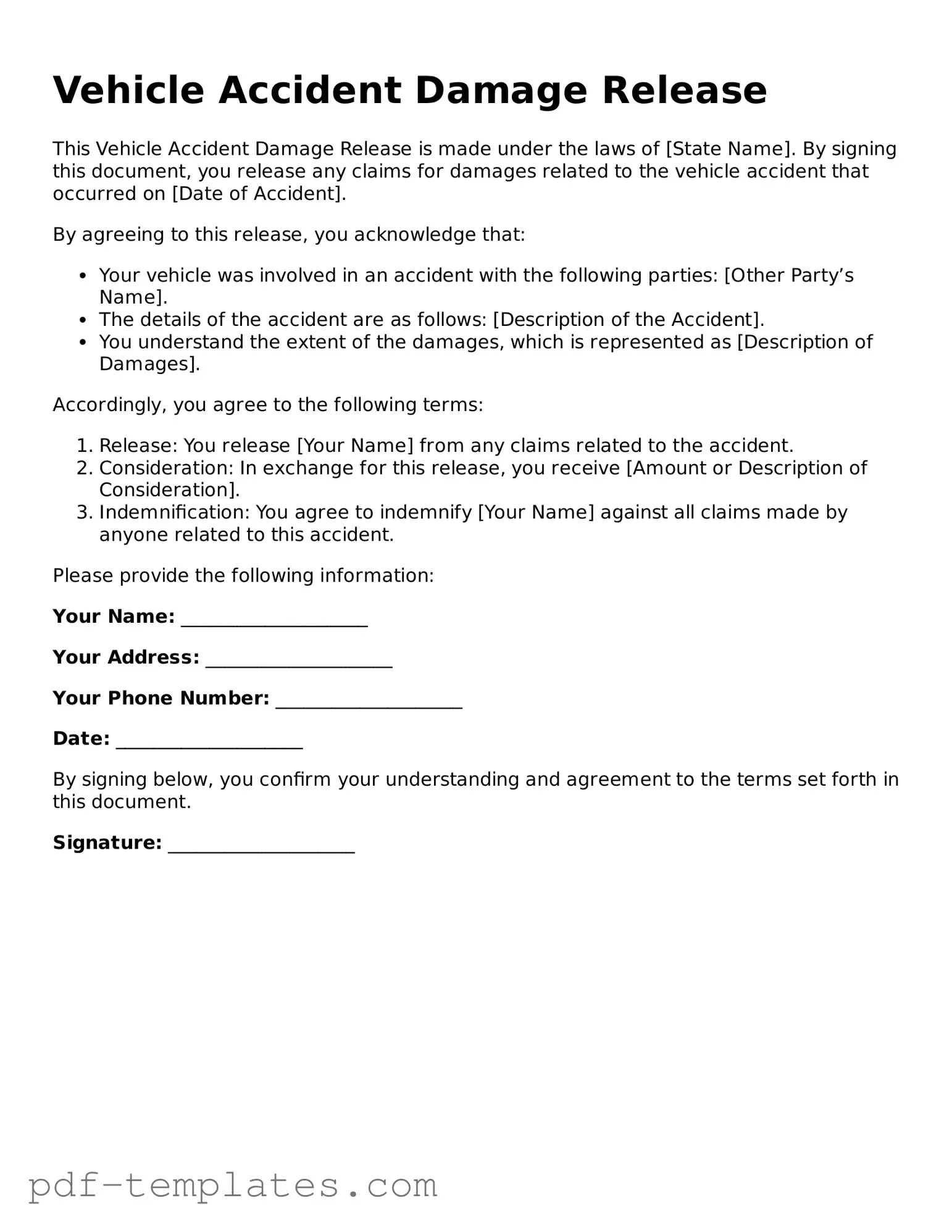 Vehicle Accident Damage Release Document