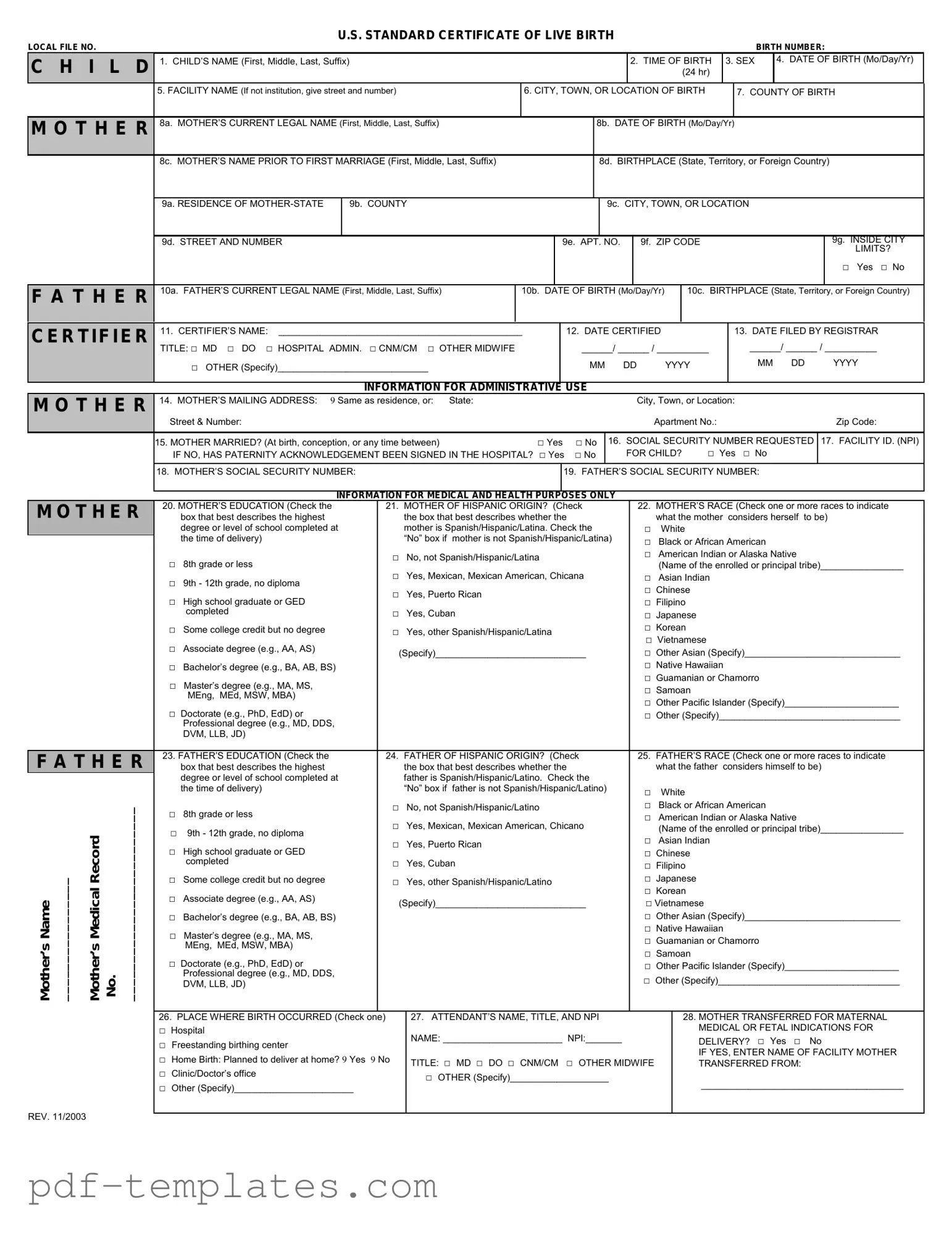 Get CDC U.S. Standard Certificate of Live Birth Form in PDF
