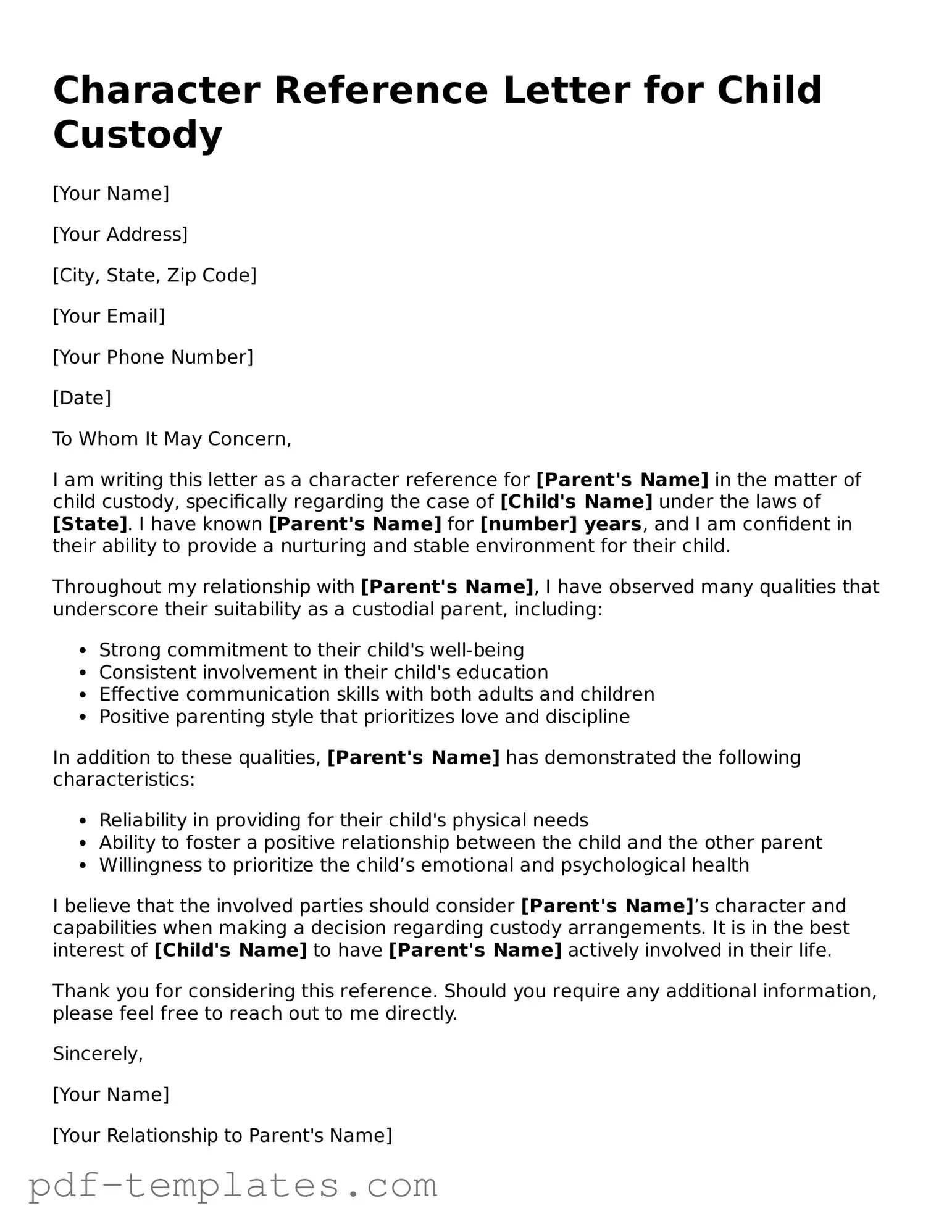 Character Reference Letter for Child Custody Document