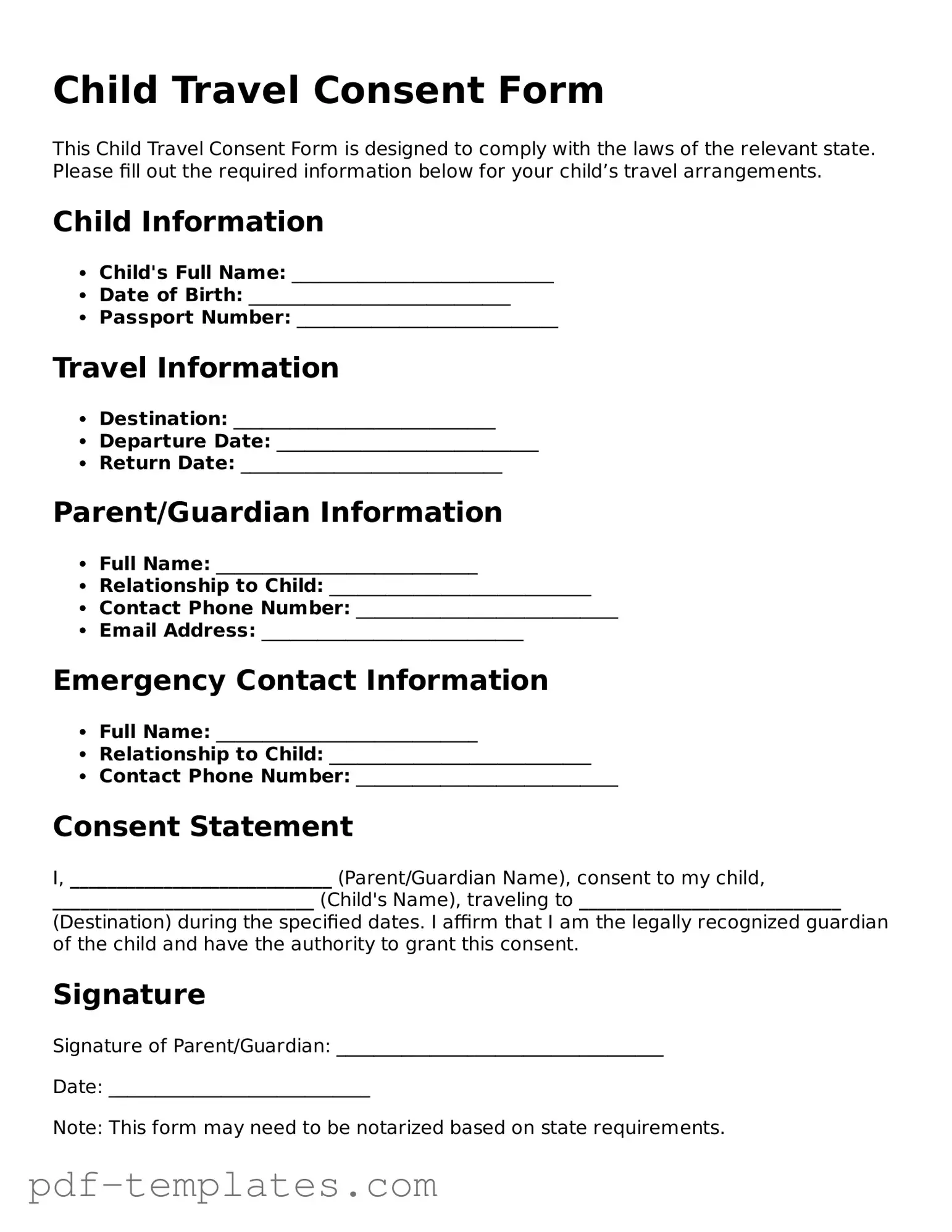 Child Travel Consent Form Document