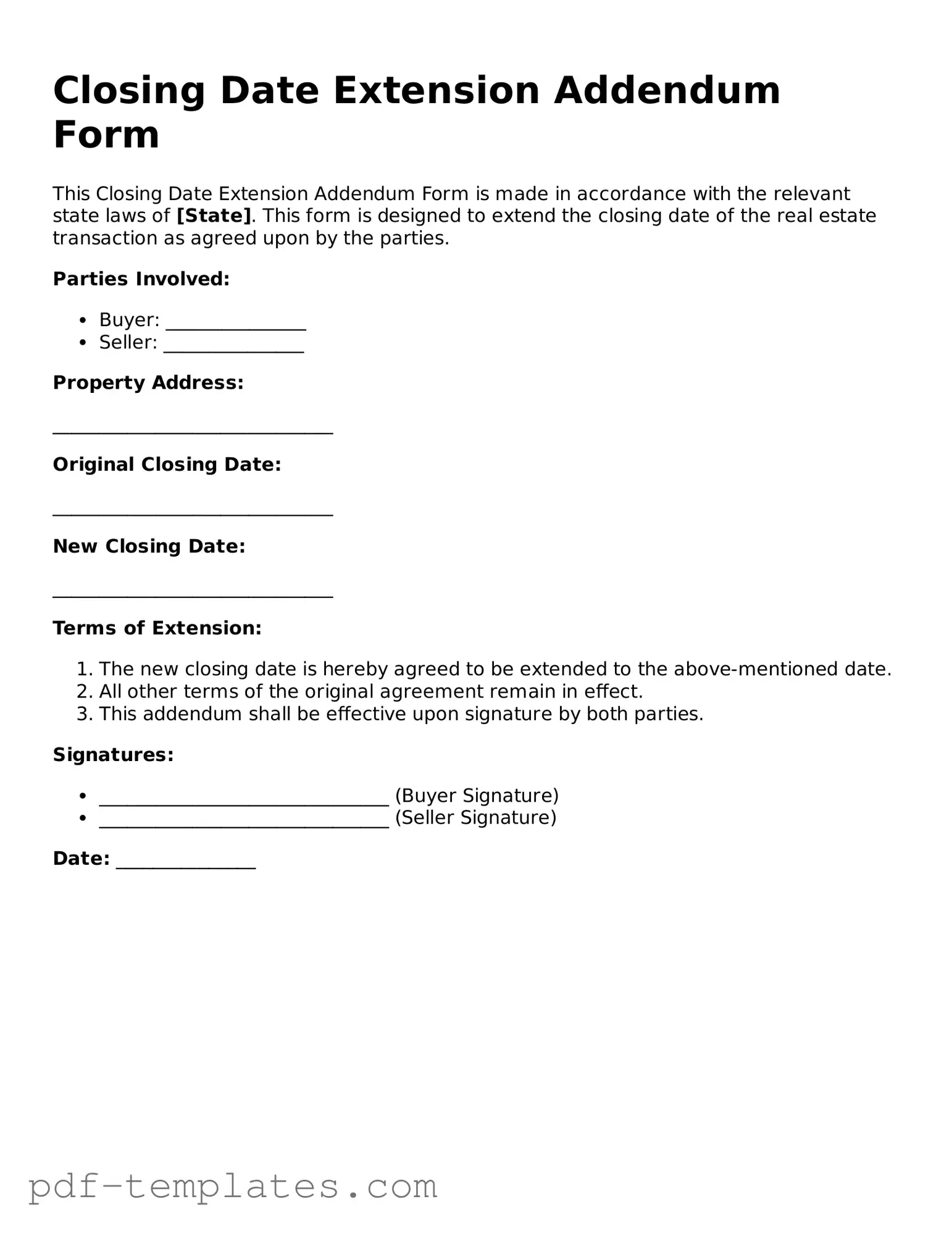 Closing Date Extension Addendum Form Document