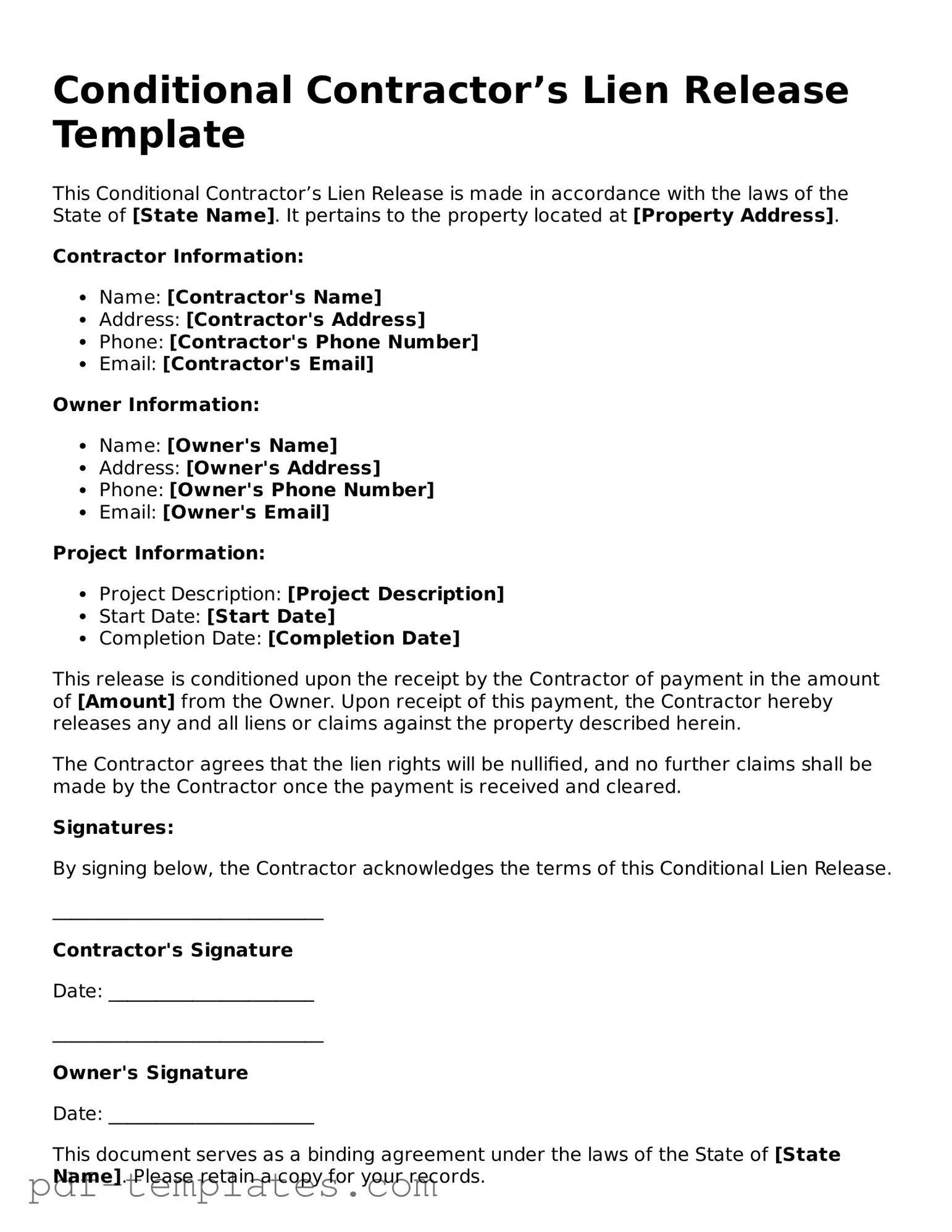 Conditional Contractor’s Lien Release Document