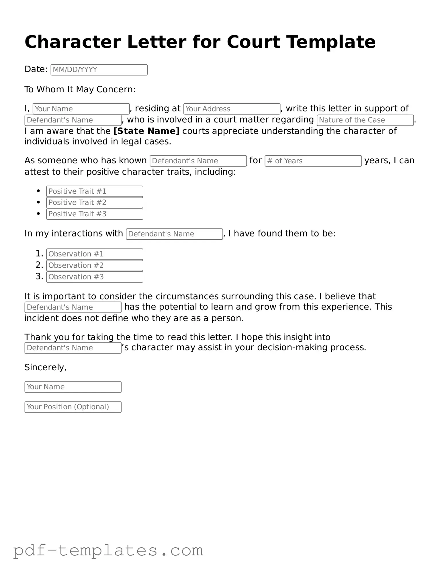 Character Letter for Court Document