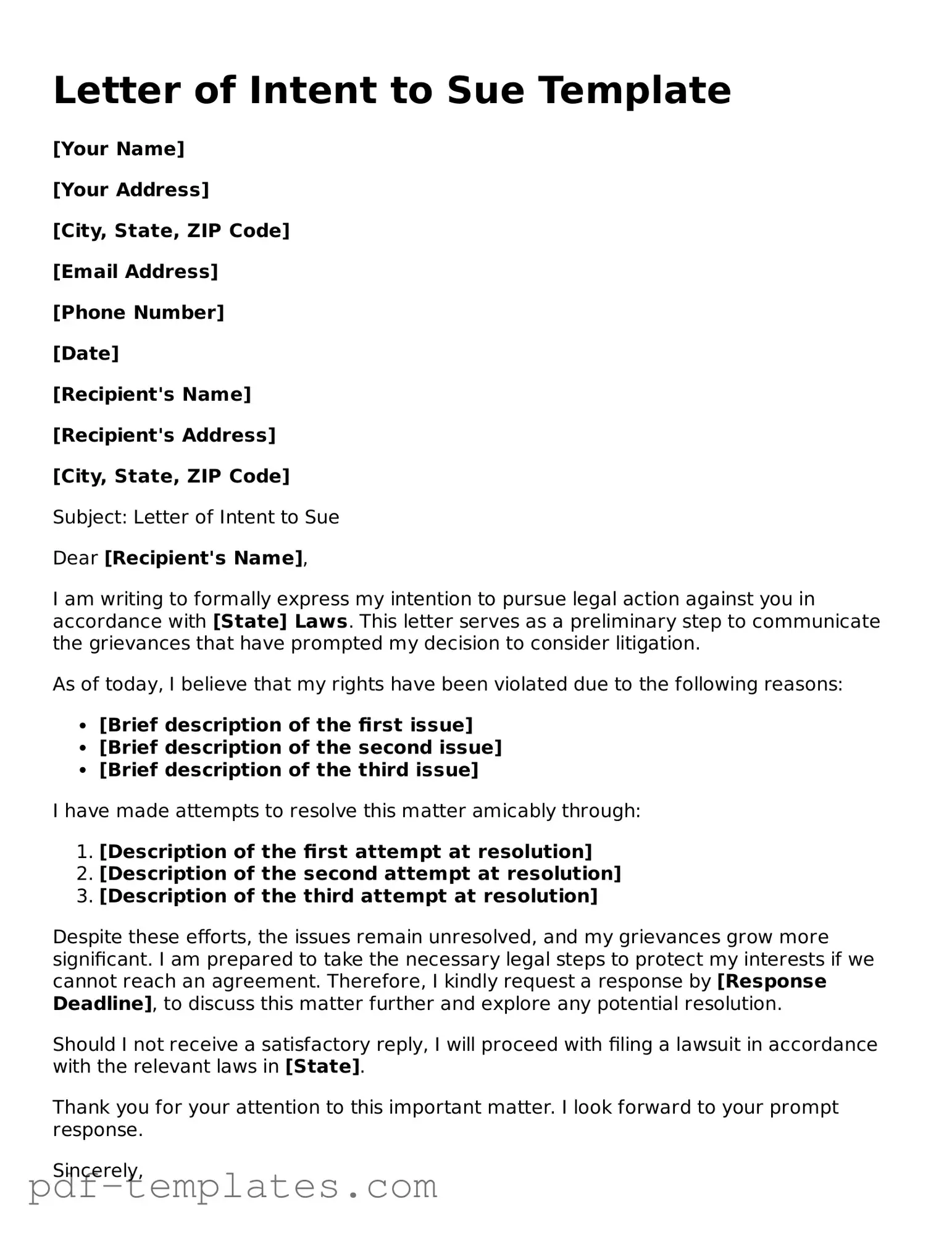 Letter of Intent to Sue Document