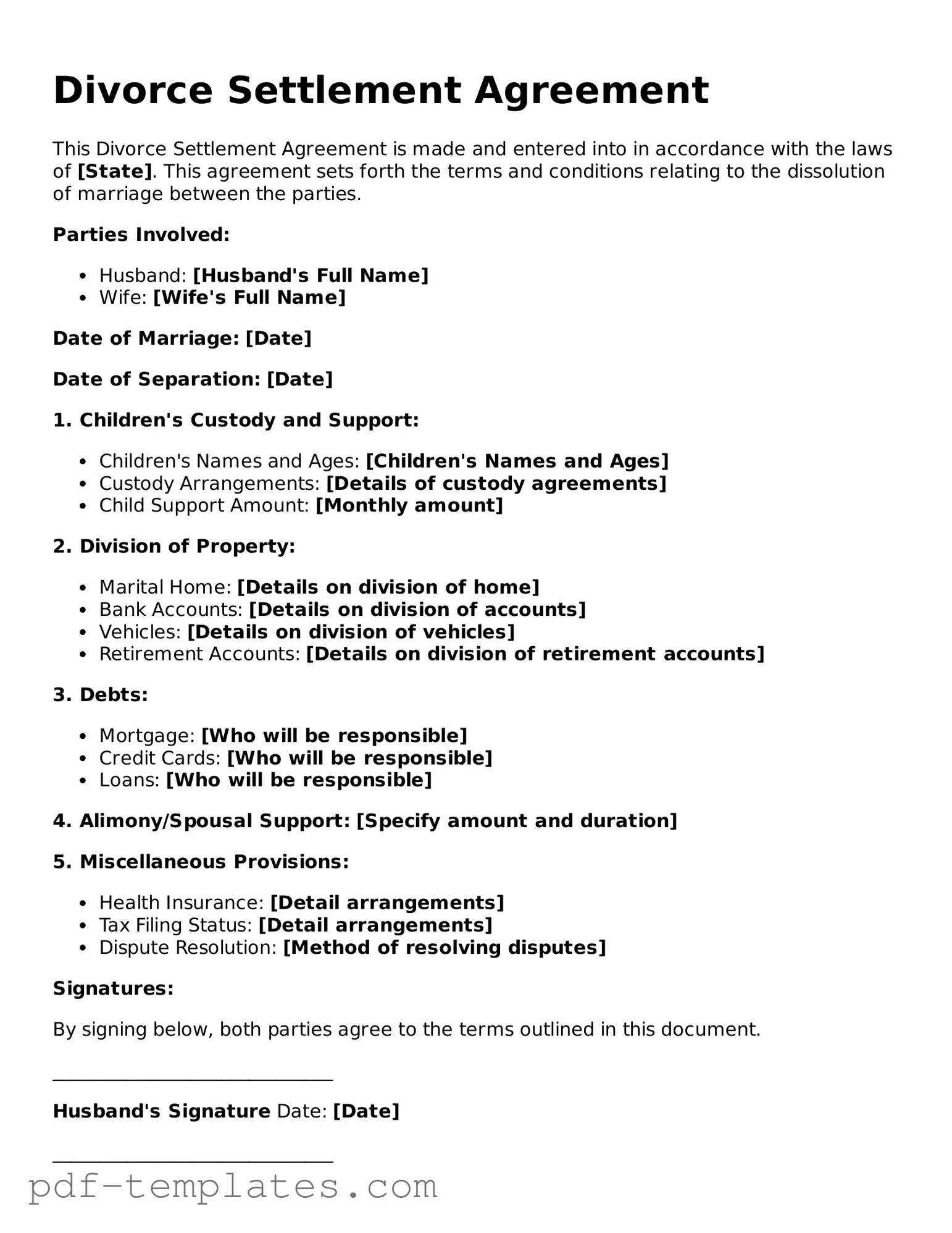 Divorce Settlement Agreement Document