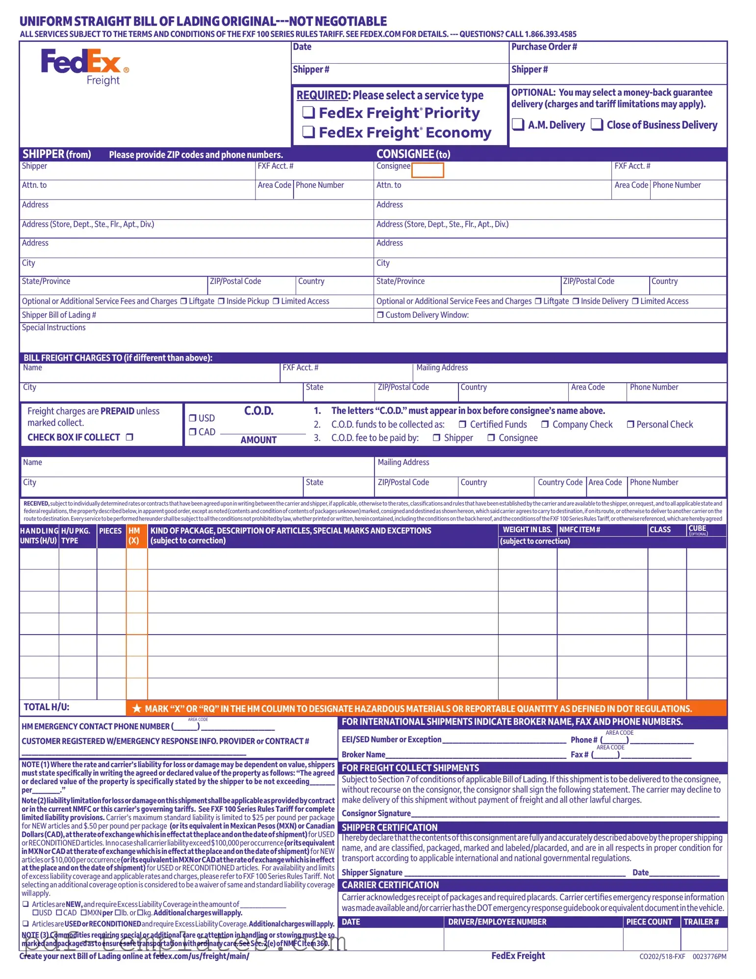 Get Fedex Bill Of Lading Form in PDF