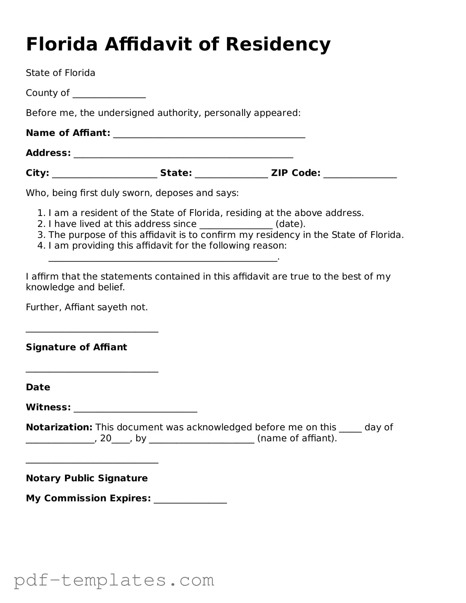 Official Affidavit of Residency Template for Florida State