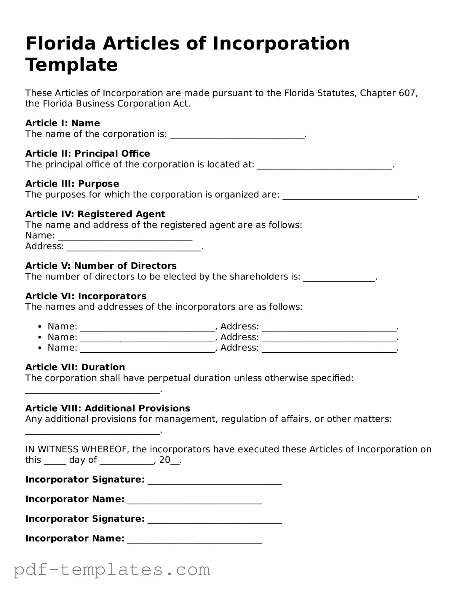 Official Articles of Incorporation Template for Florida State