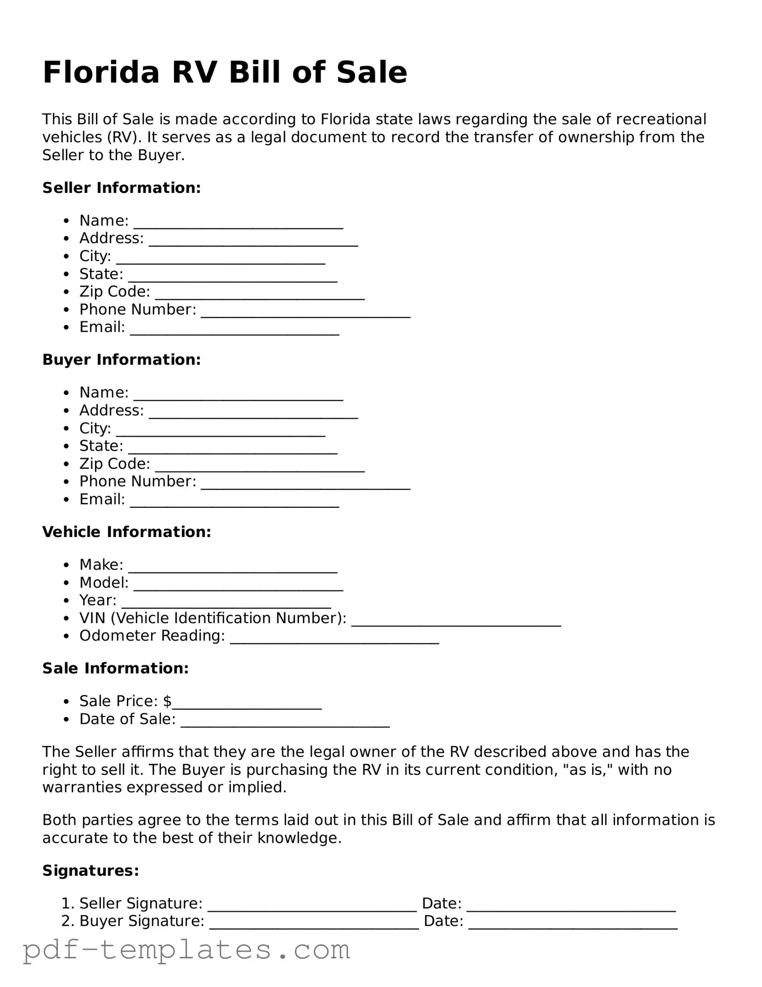 Official RV Bill of Sale Template for Florida State
