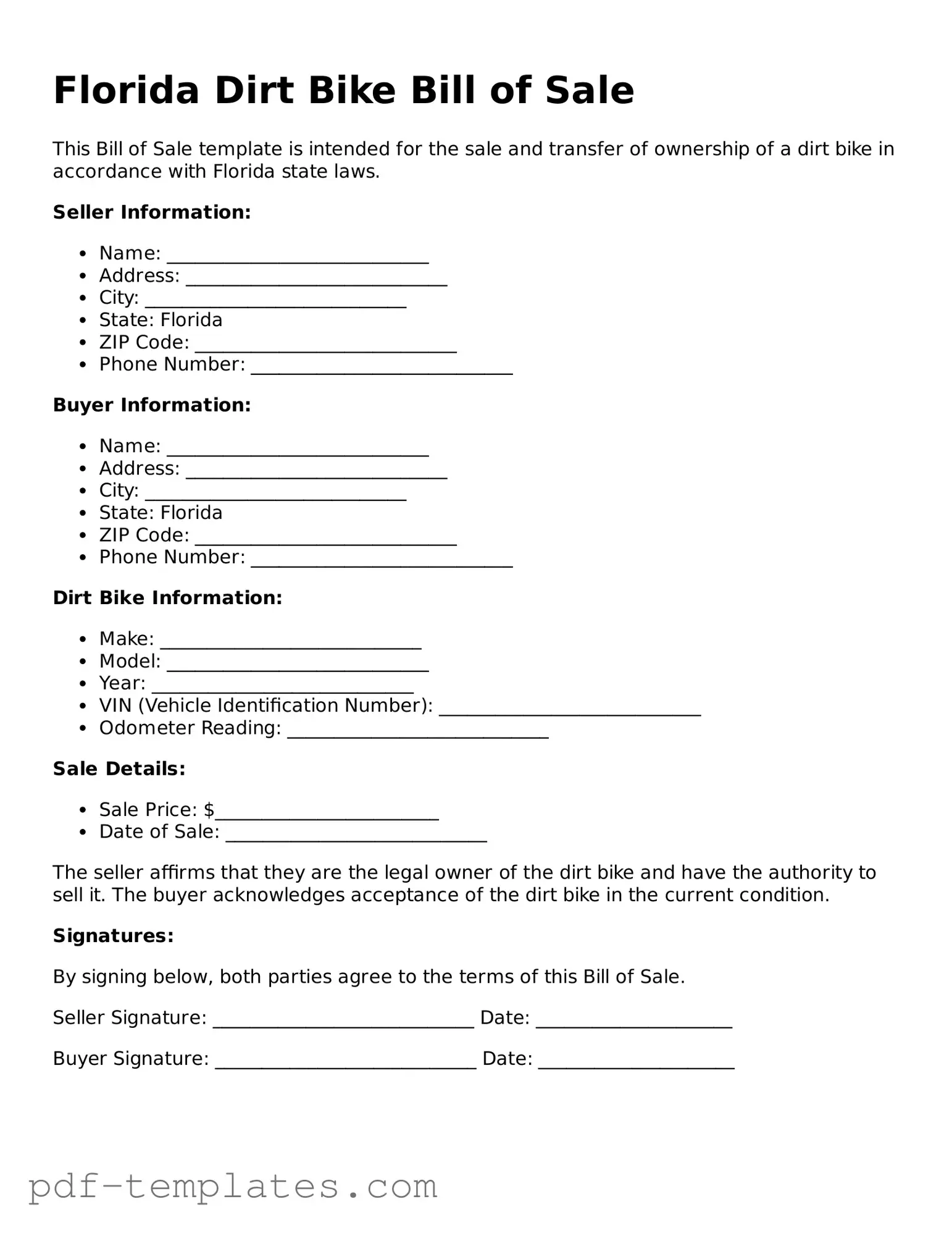 Official Dirt Bike Bill of Sale Template for Florida State