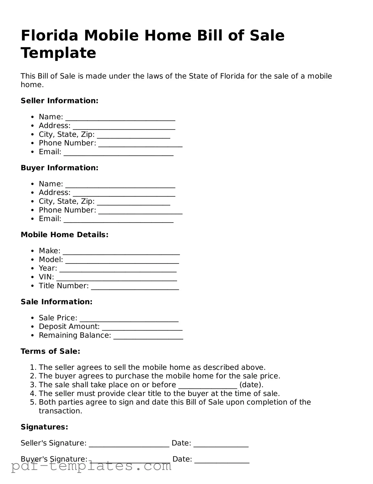 Official Mobile Home Bill of Sale Template for Florida State