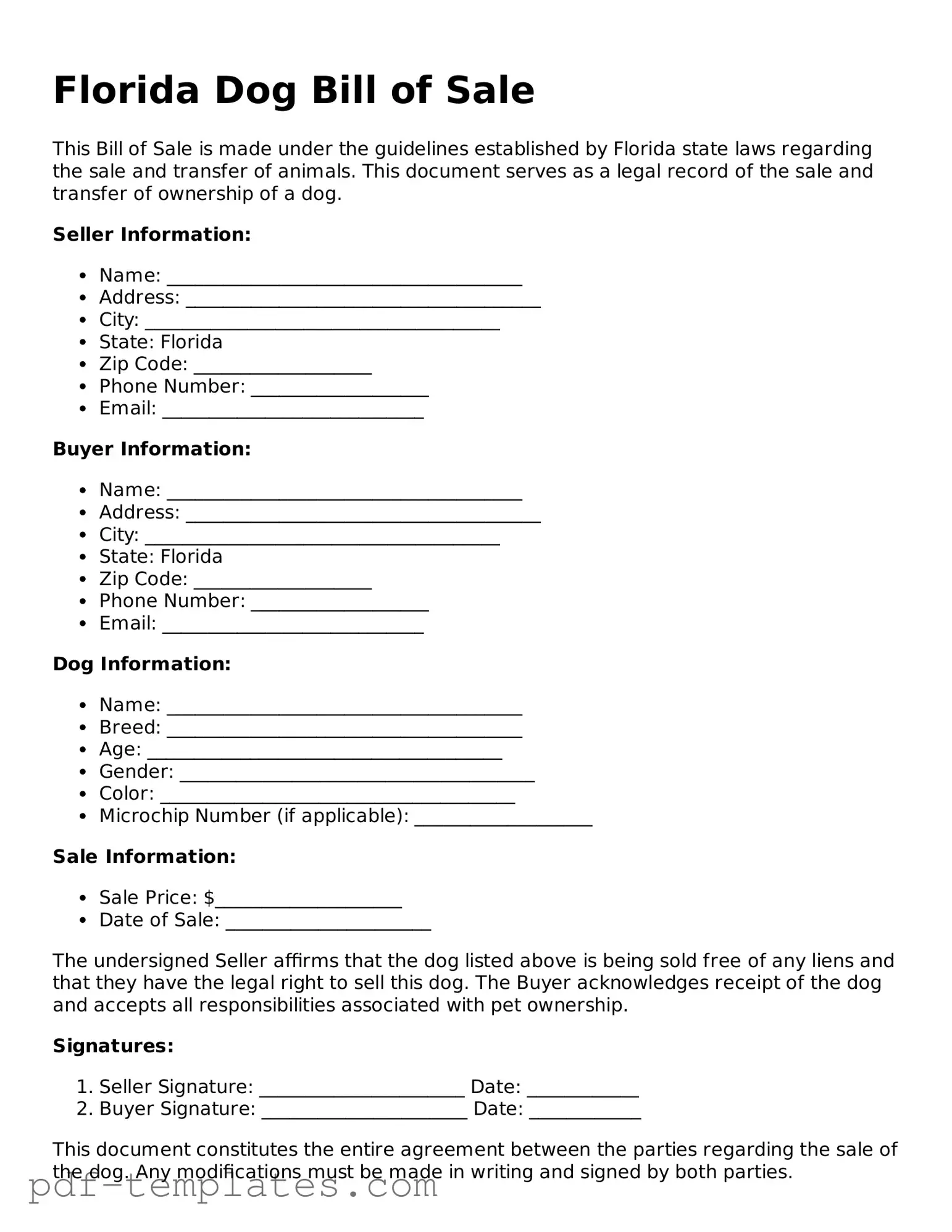 Official Dog Bill of Sale Template for Florida State