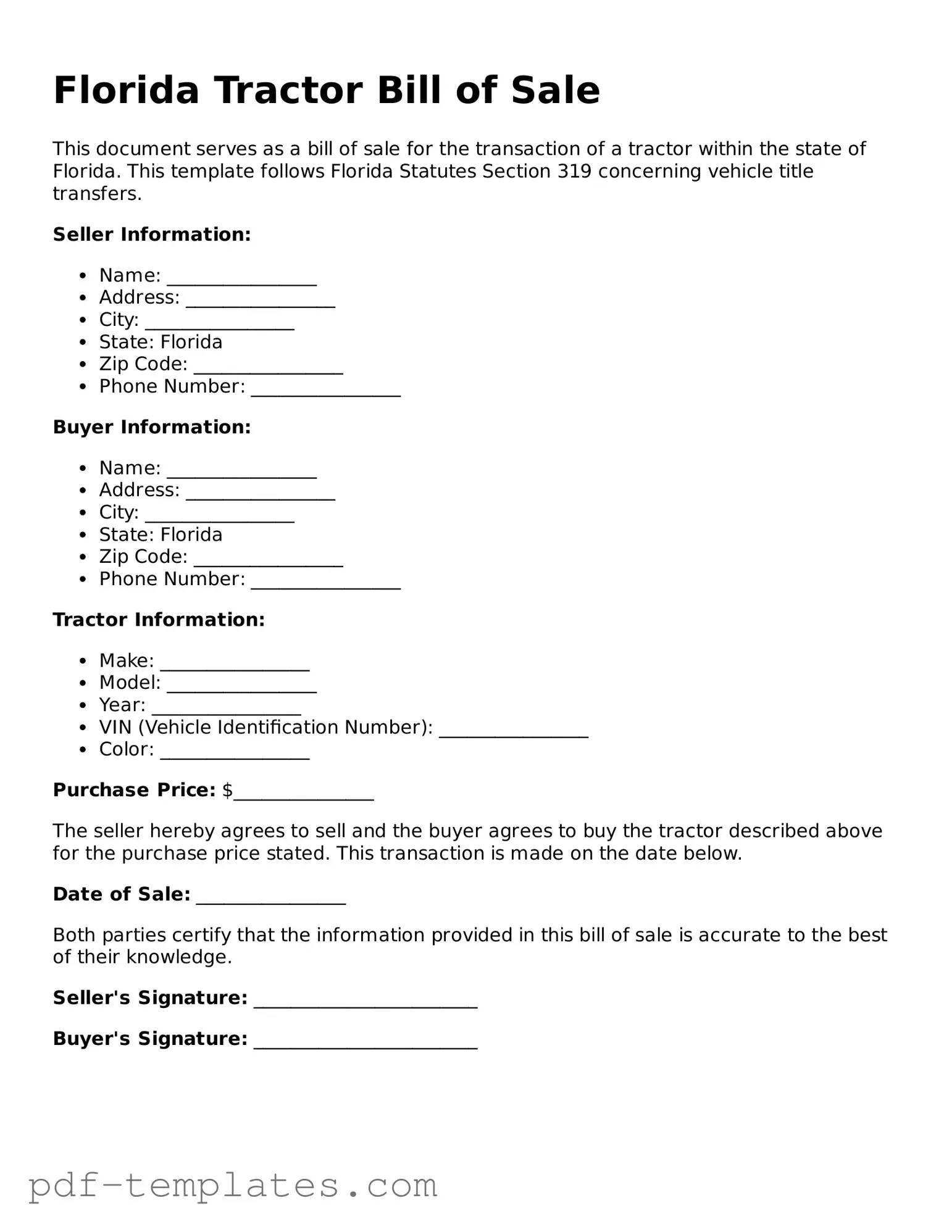 Official Tractor Bill of Sale Template for Florida State