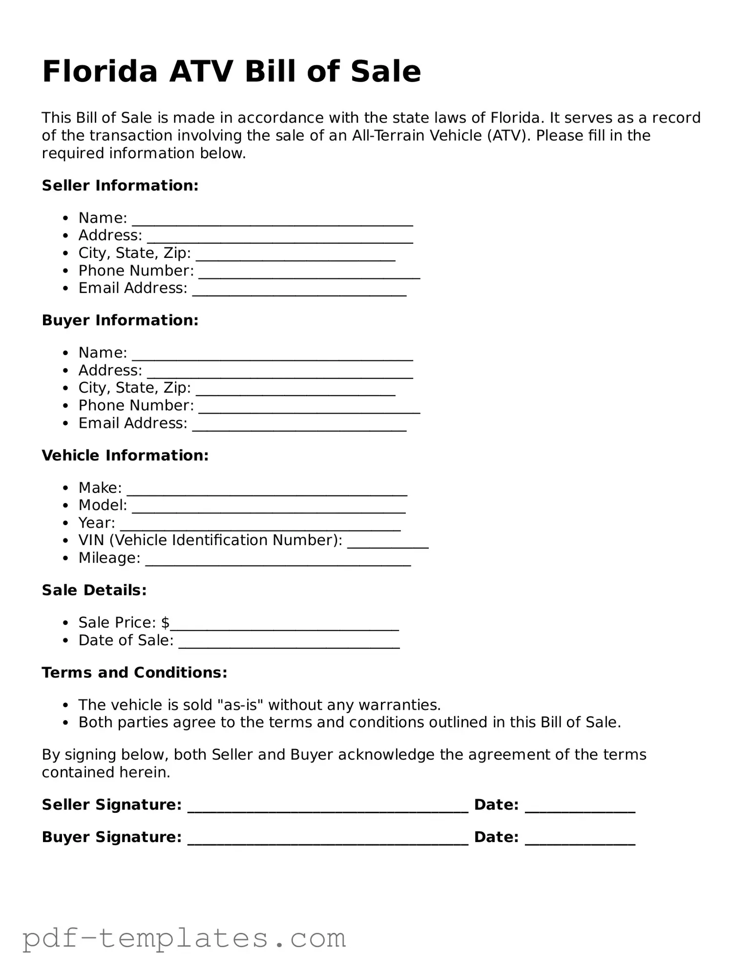 Official ATV Bill of Sale Template for Florida State