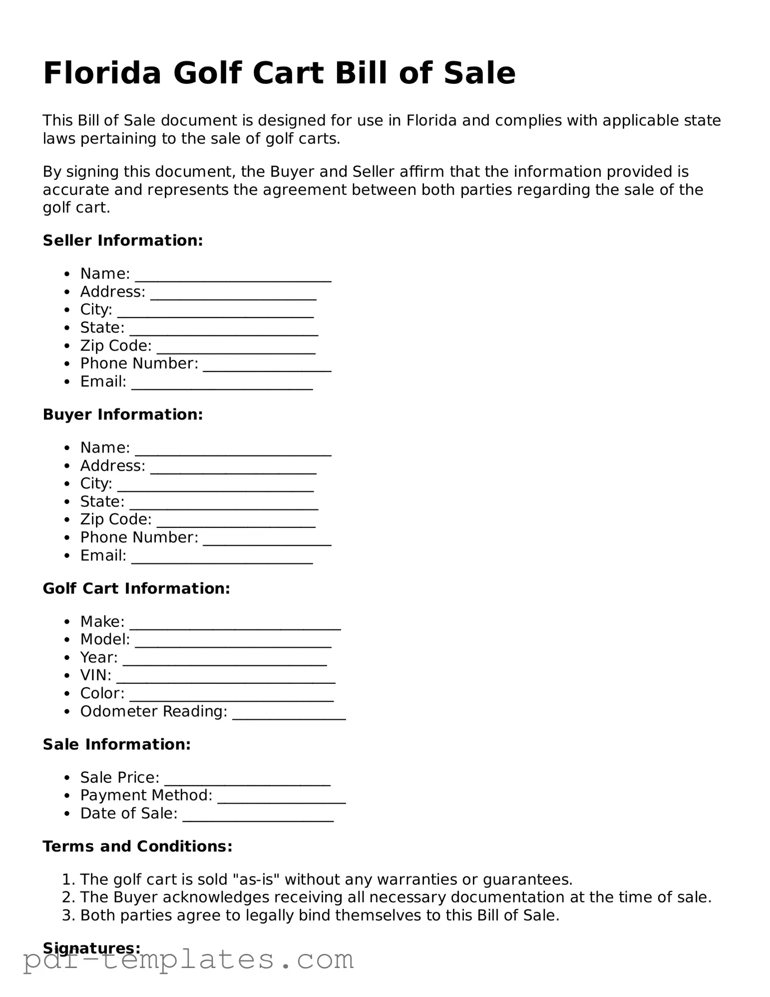 Official Golf Cart Bill of Sale Template for Florida State
