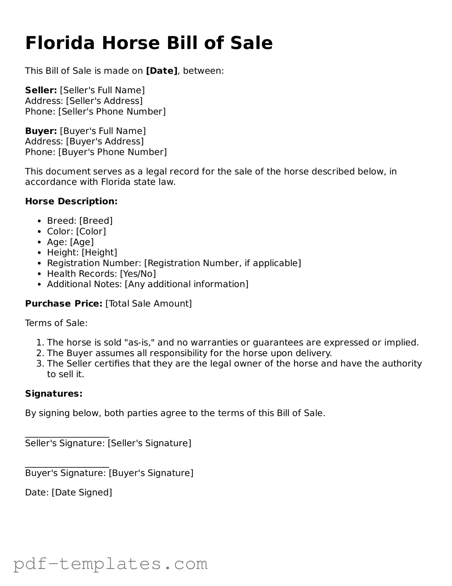 Official Horse Bill of Sale Template for Florida State