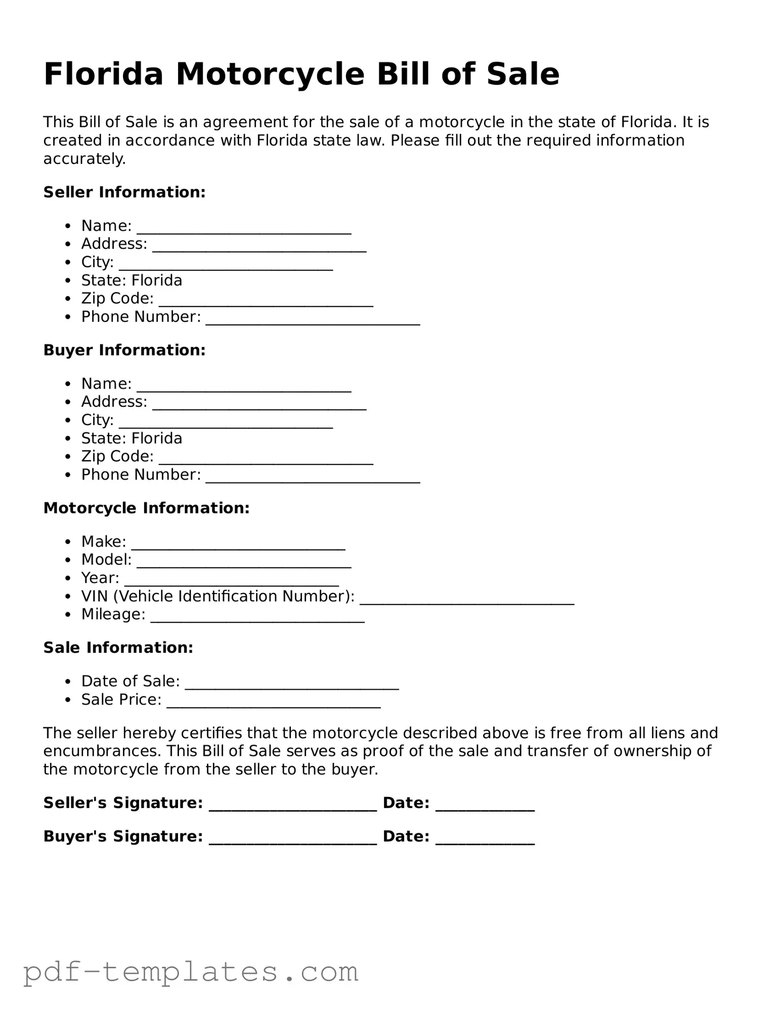 Official Motorcycle Bill of Sale Template for Florida State