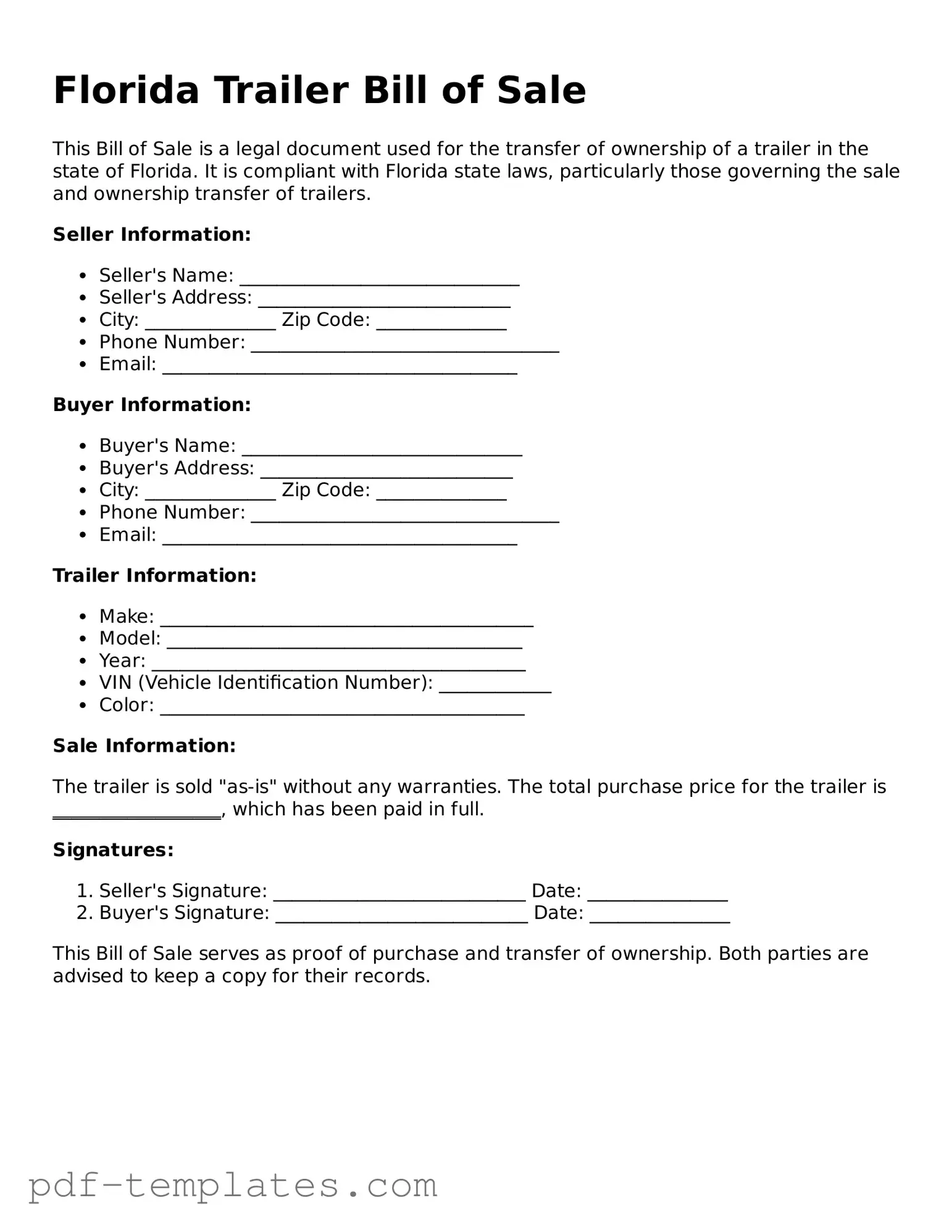 Official Trailer Bill of Sale Template for Florida State