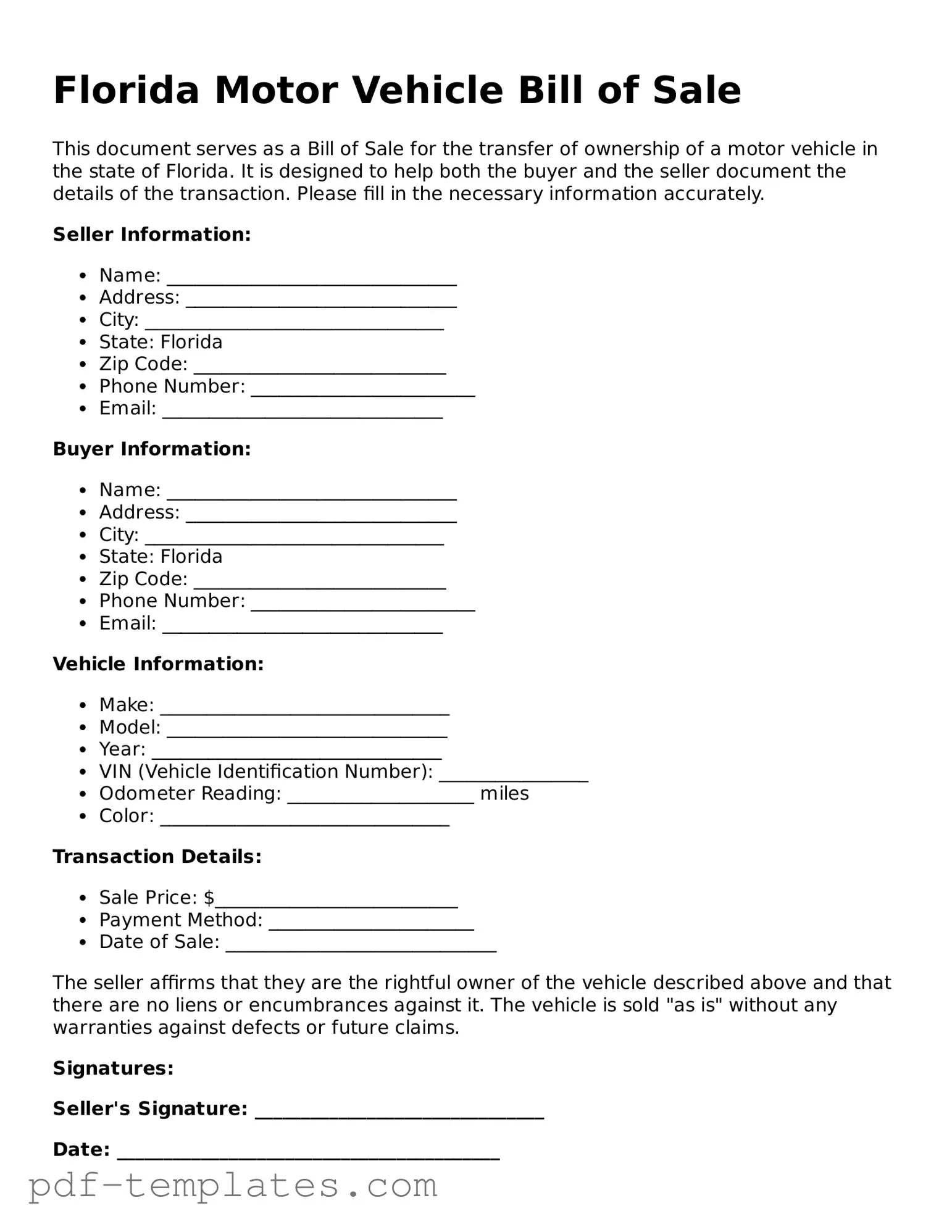 Official Motor Vehicle Bill of Sale Template for Florida State