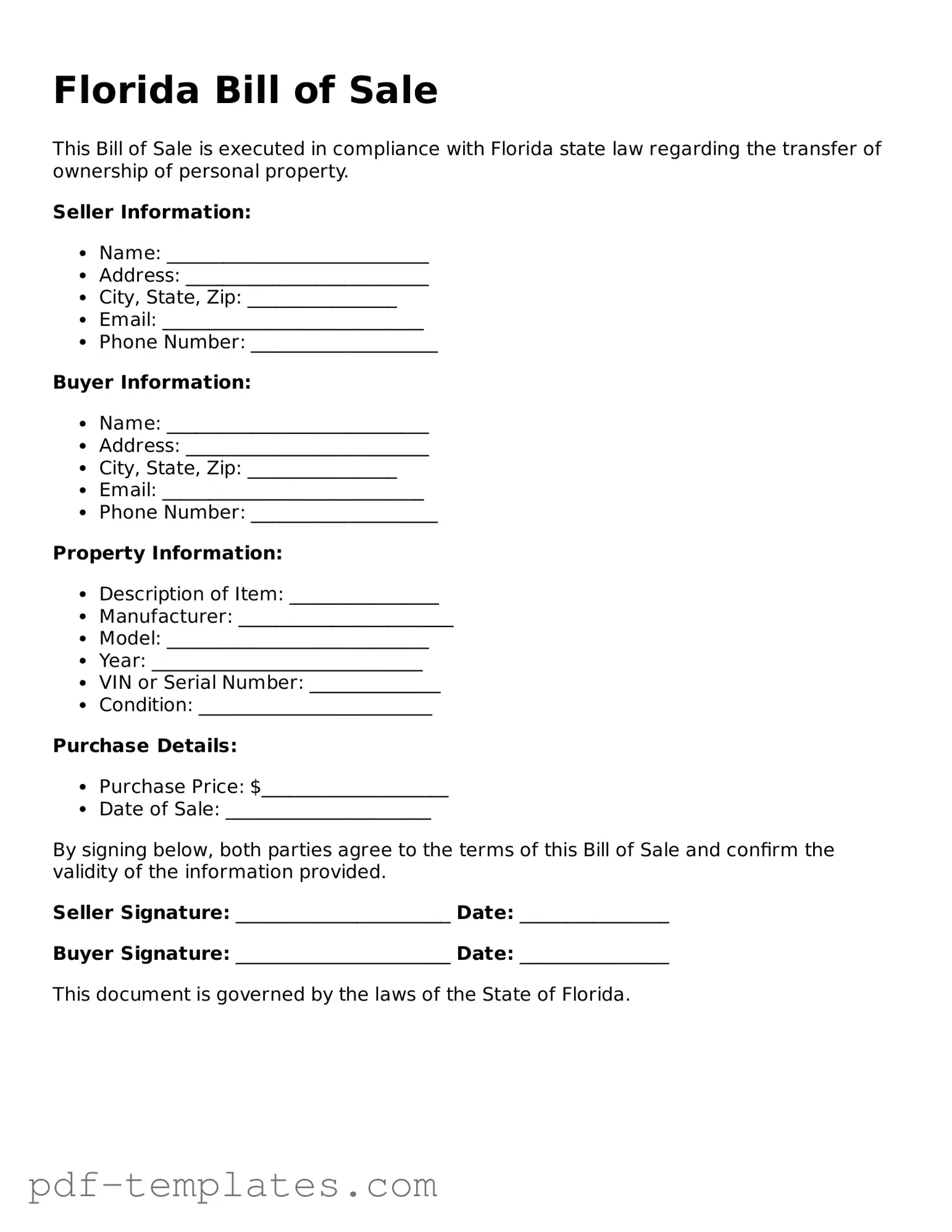 Official Bill of Sale Template for Florida State