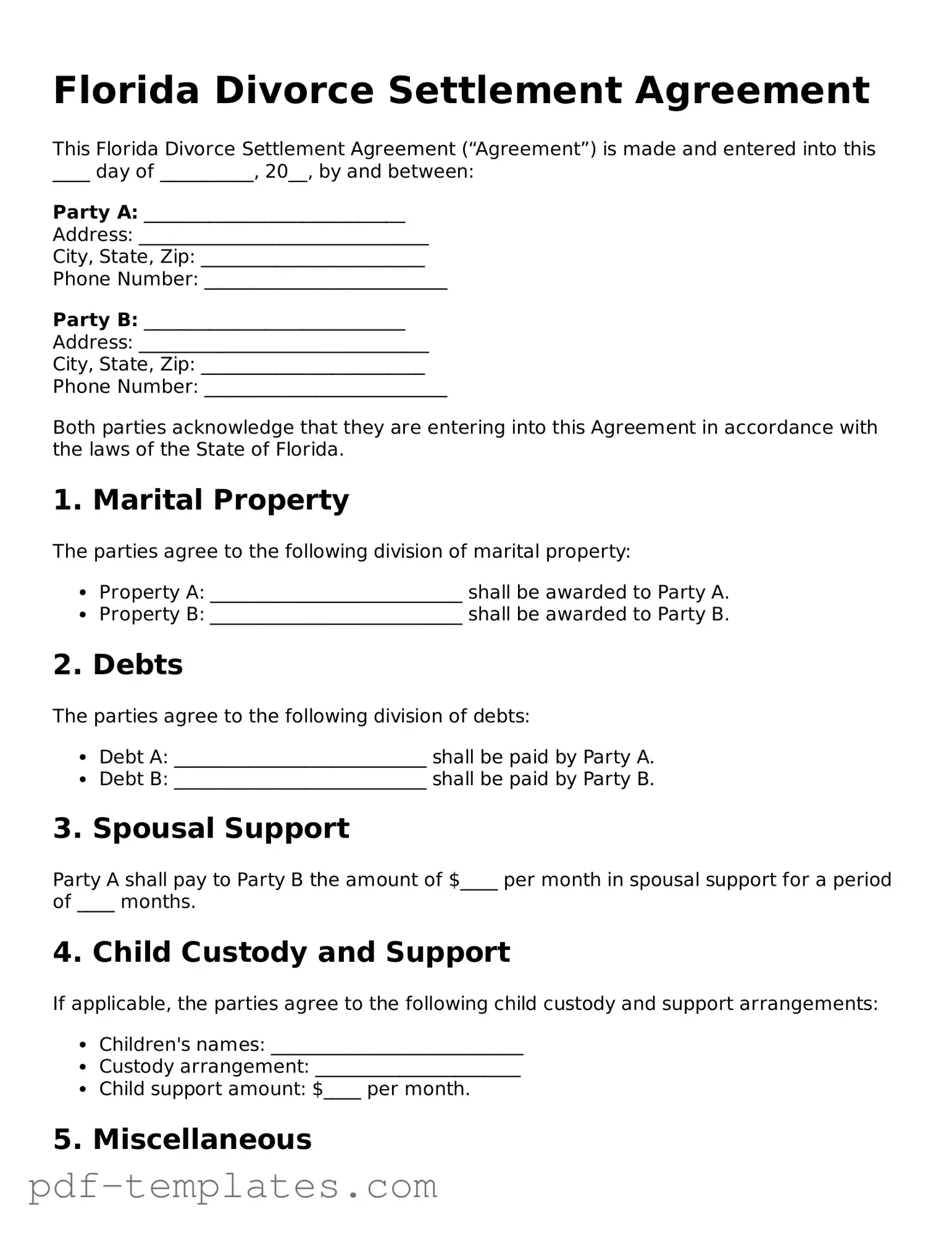 Official Divorce Settlement Agreement Template for Florida State