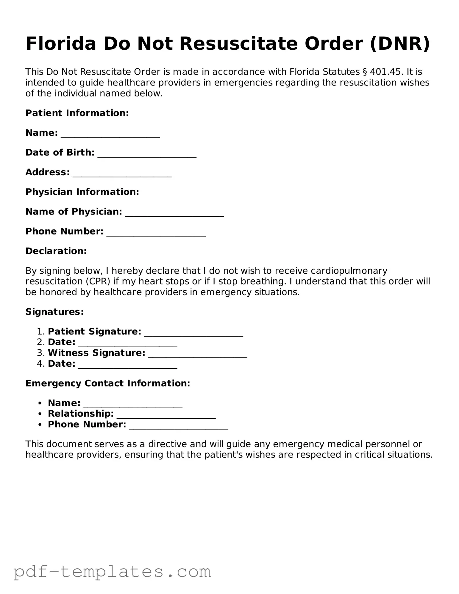 Official Do Not Resuscitate Order Template for Florida State