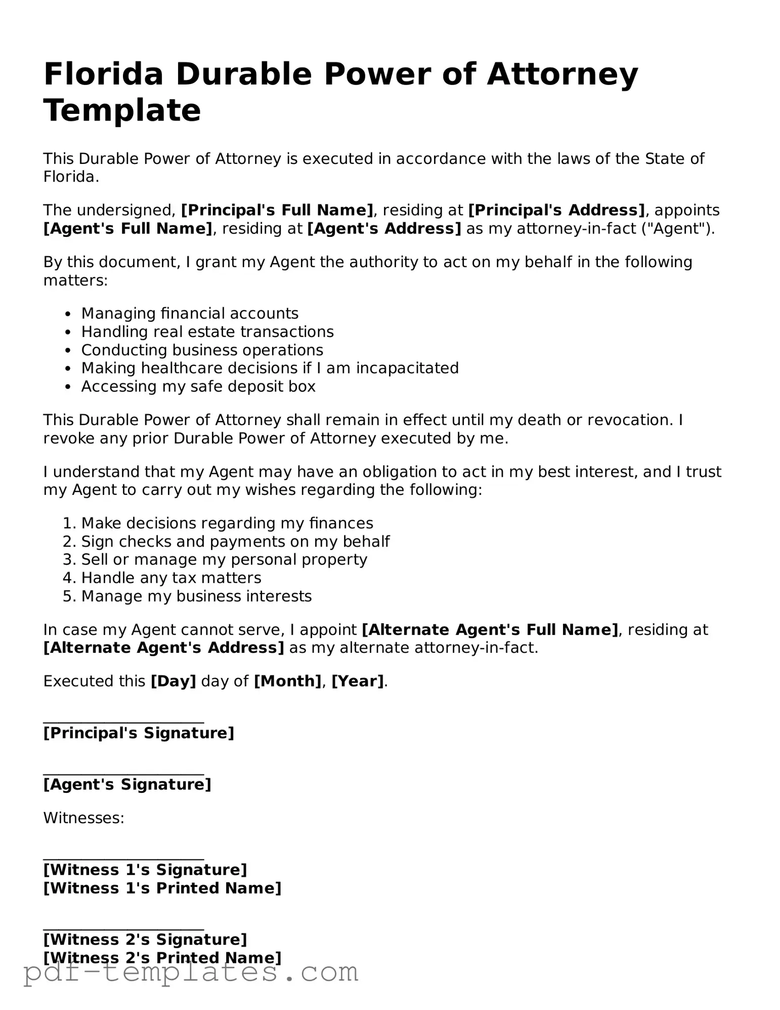 Official Durable Power of Attorney Template for Florida State
