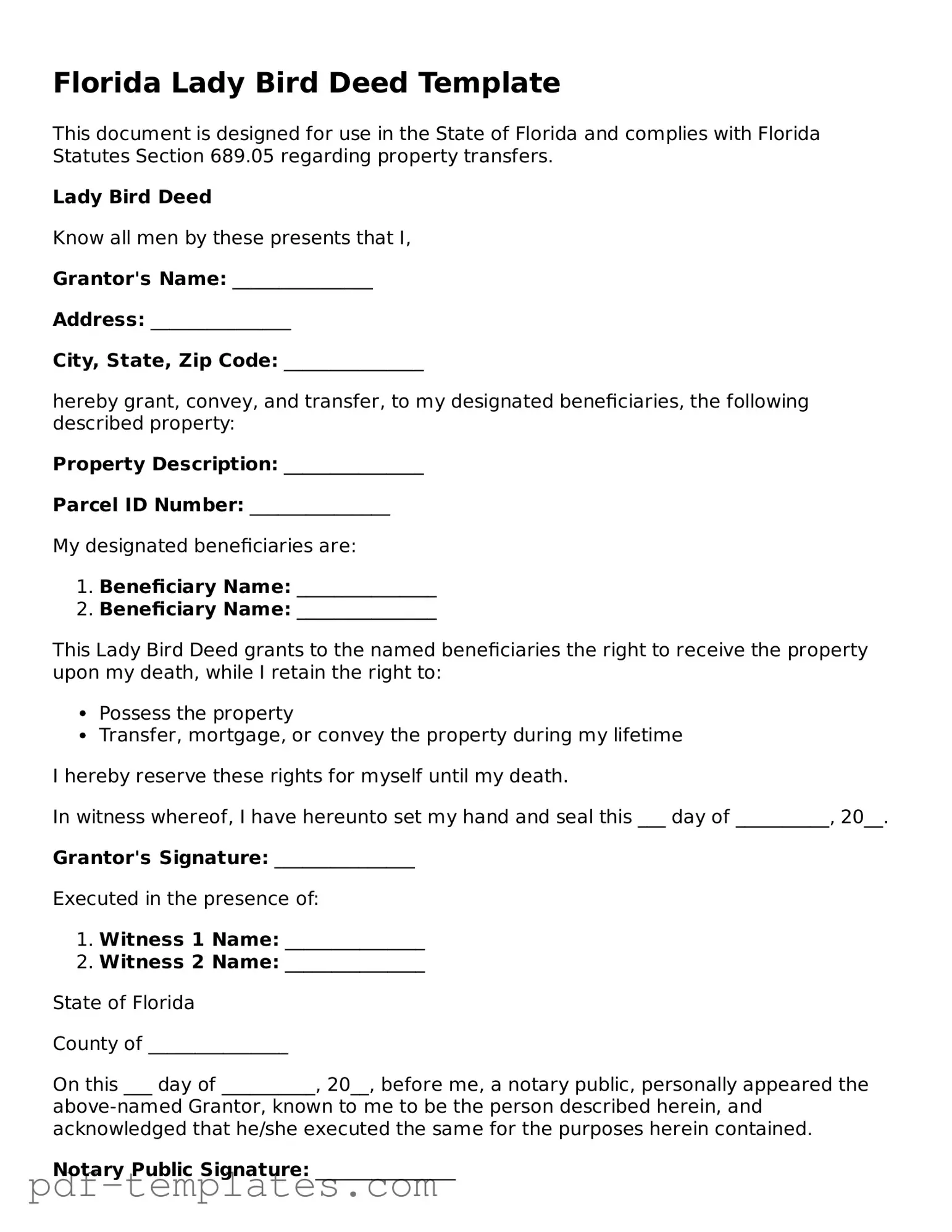 Official Lady Bird Deed Template for Florida State