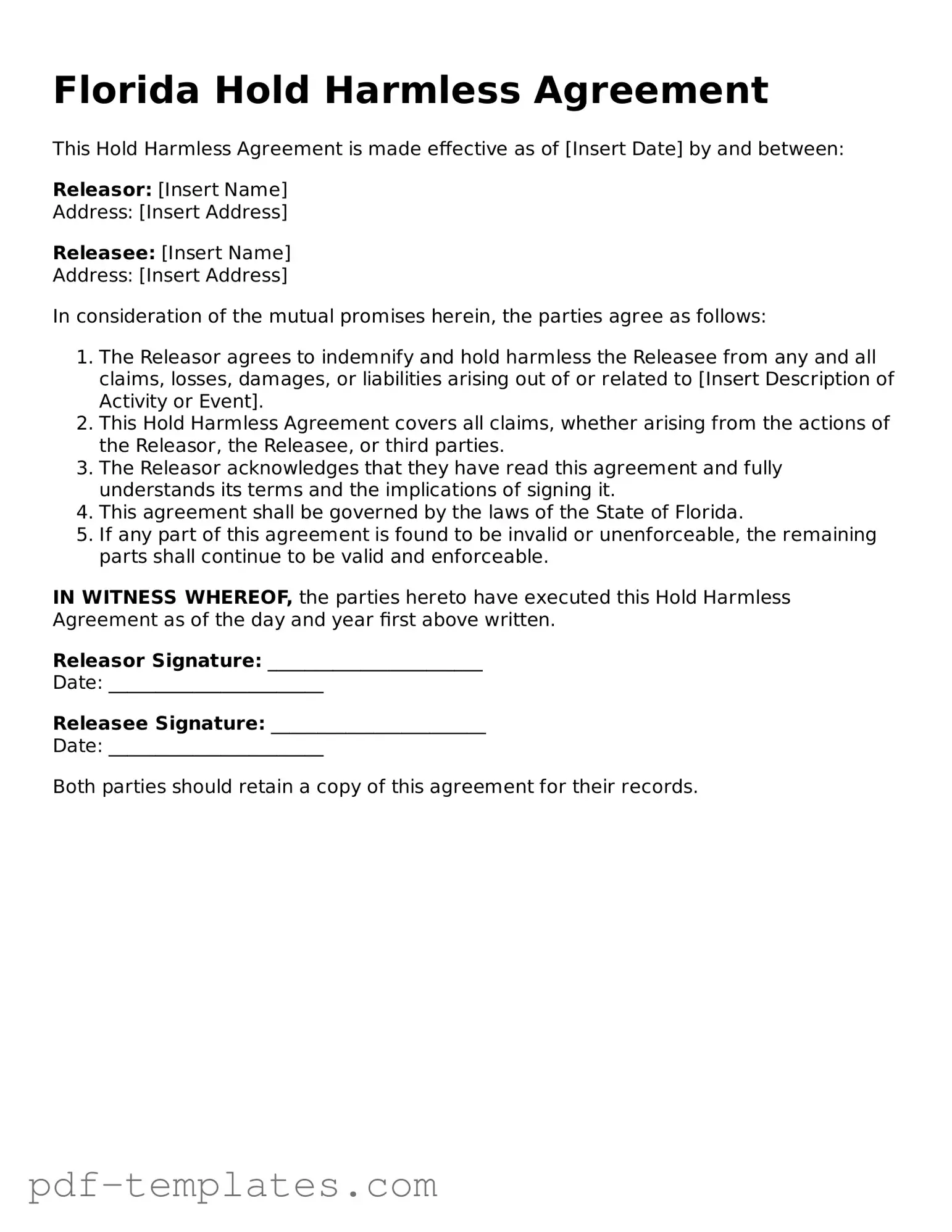 Official Hold Harmless Agreement Template for Florida State