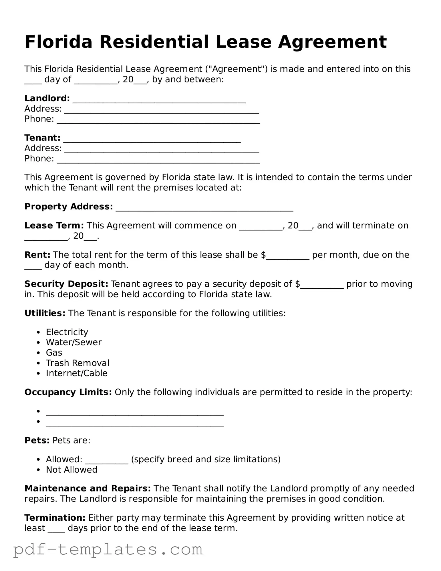 Official Residential Lease Agreement Template for Florida State