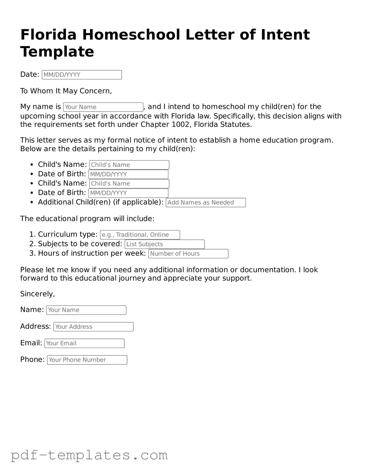 Official Homeschool Letter of Intent Template for Florida State