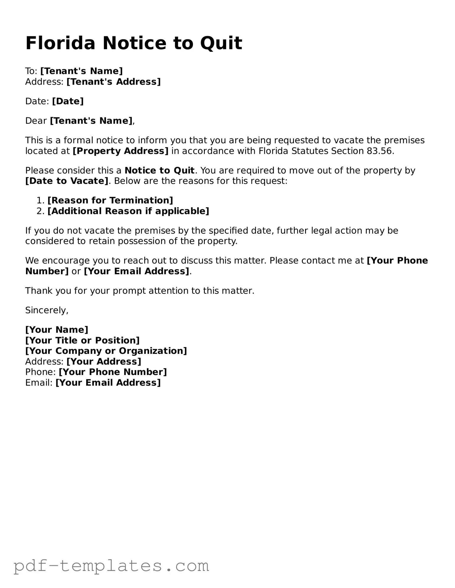 Official Notice to Quit Template for Florida State