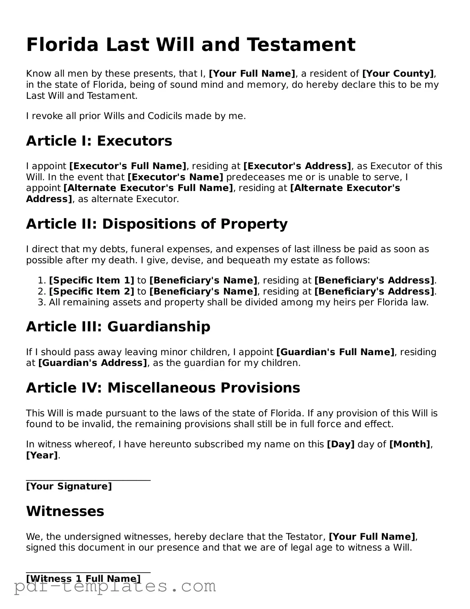 Official Last Will and Testament Template for Florida State