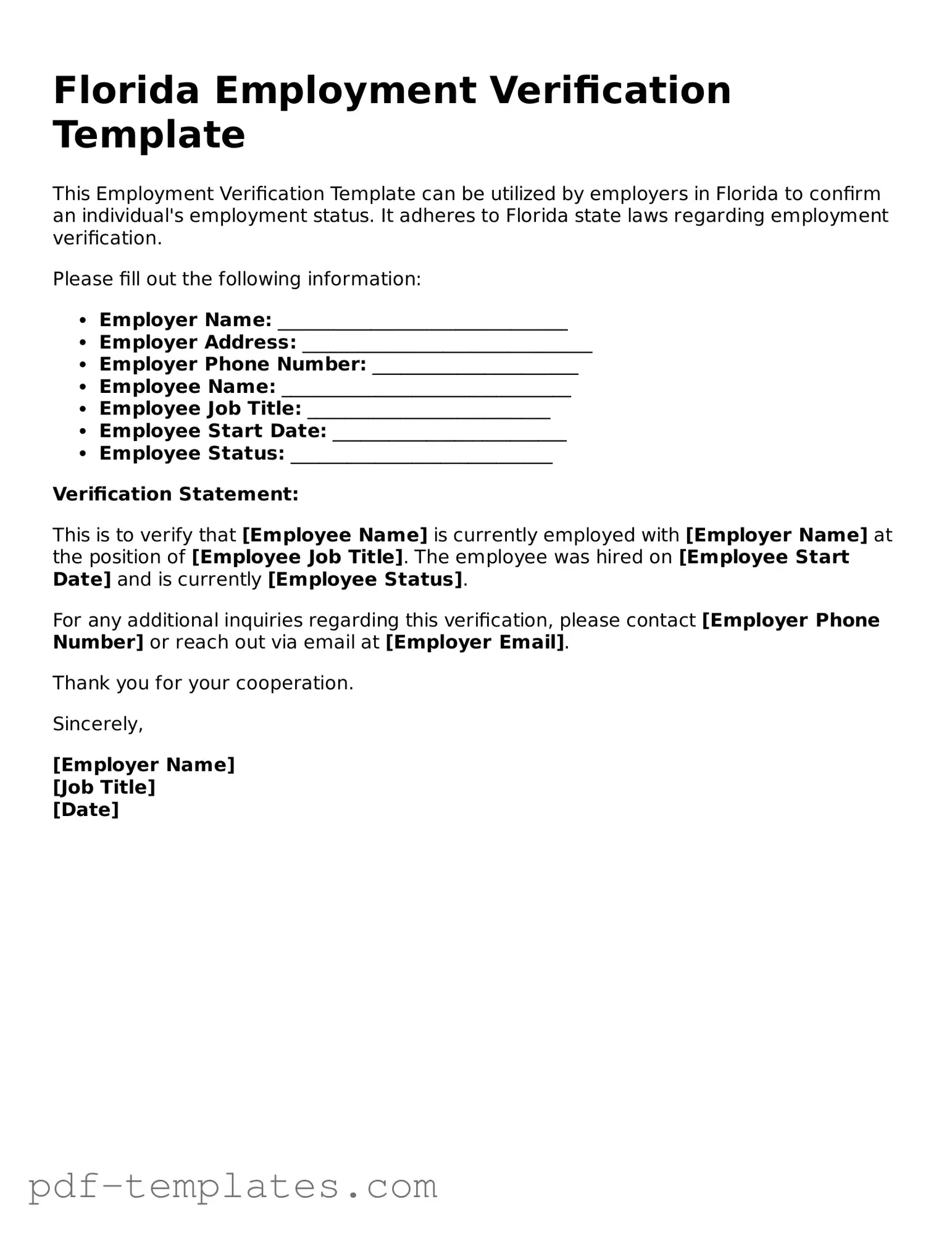 Official Employment Verification Template for Florida State