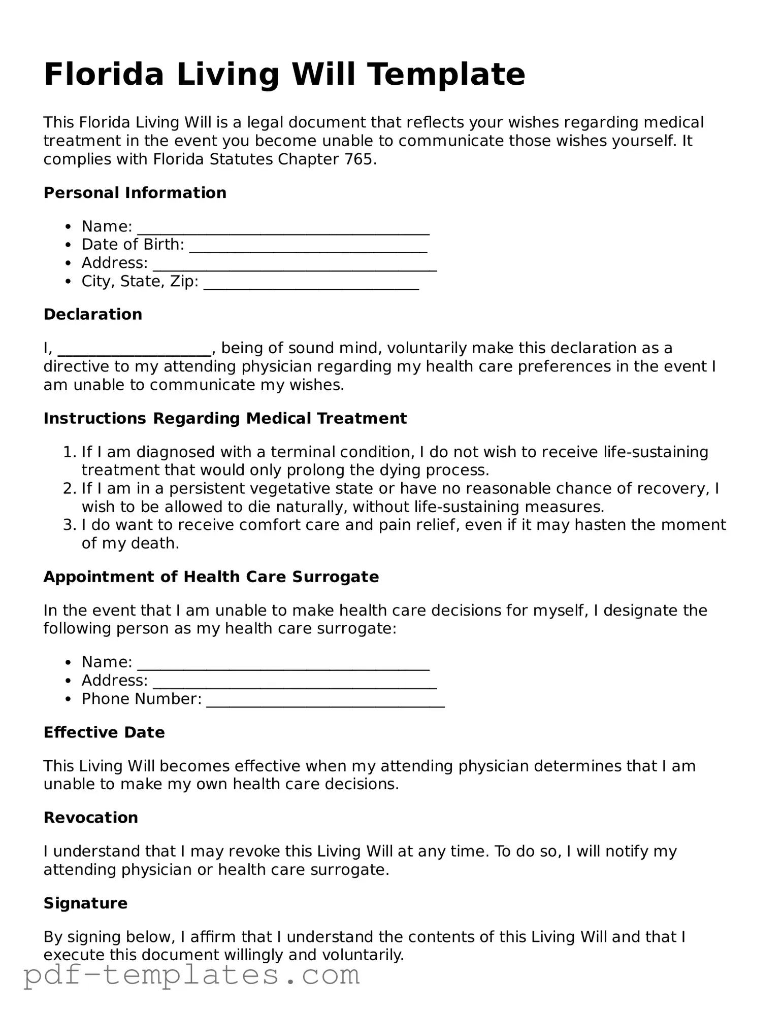 Official Living Will Template for Florida State