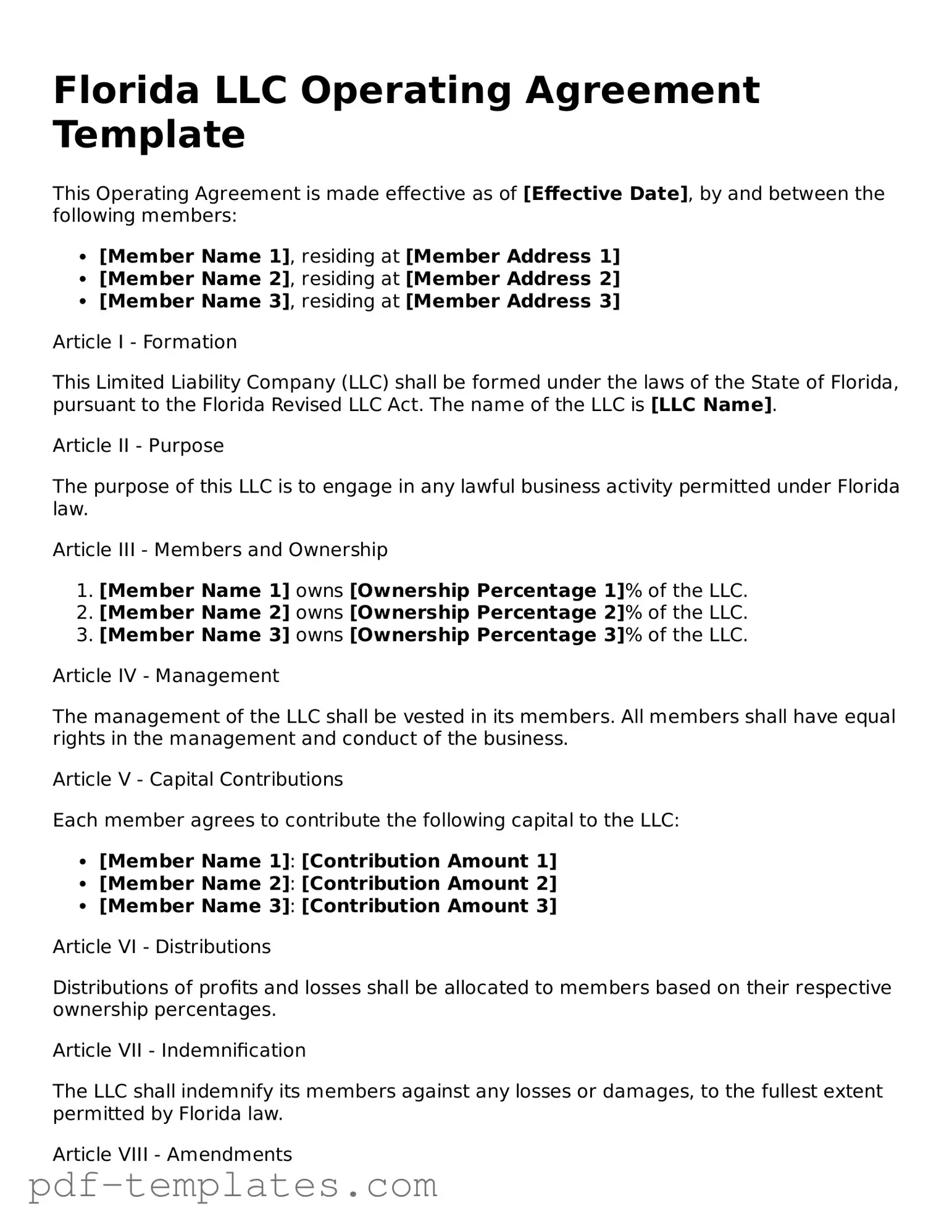 Official Operating Agreement Template for Florida State