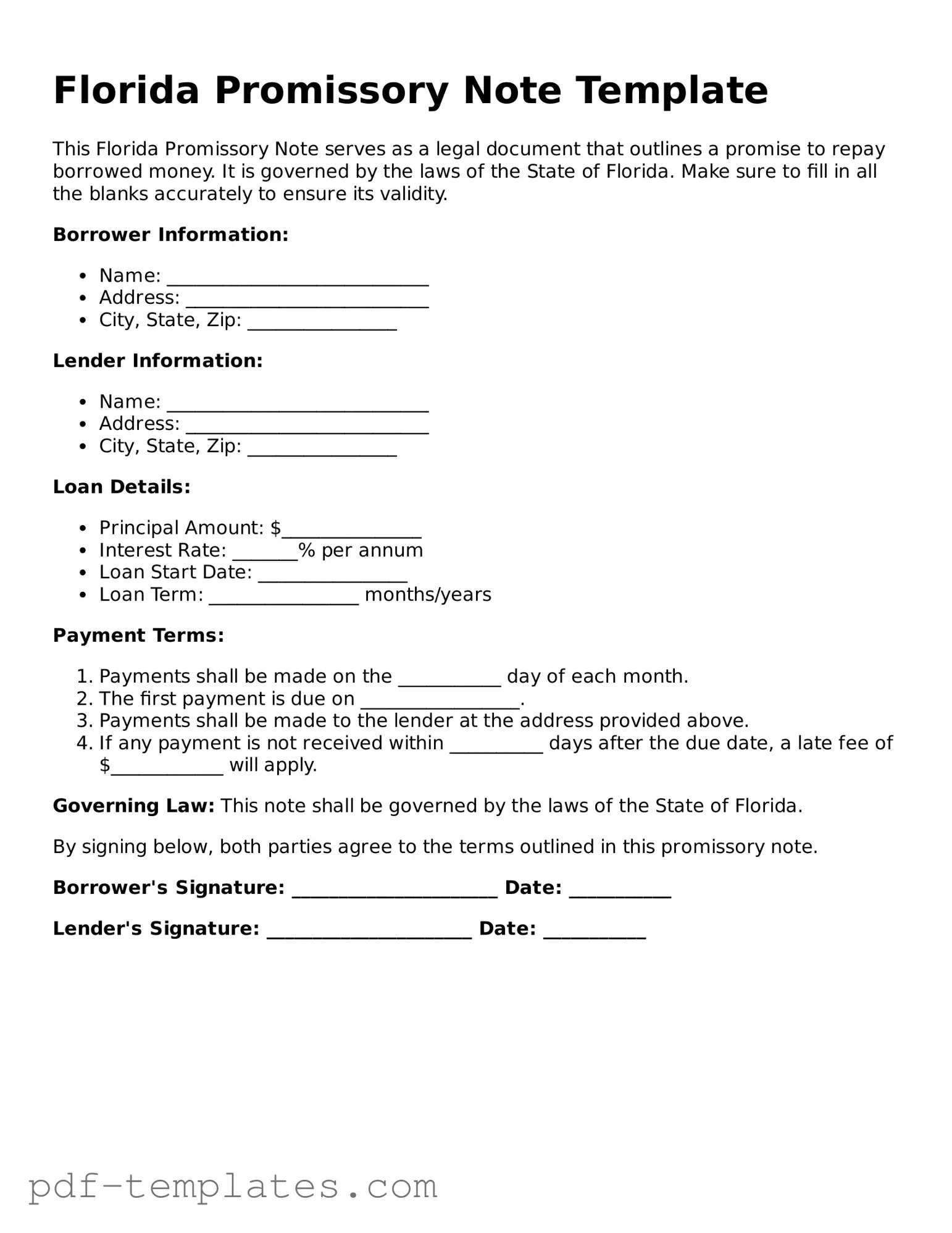 Official Promissory Note Template for Florida State