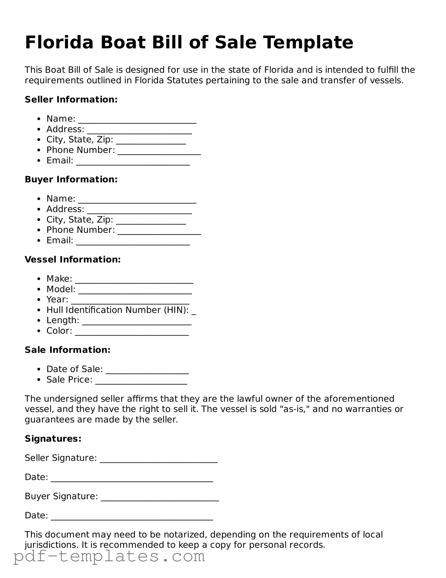 Official Boat Bill of Sale Template for Florida State