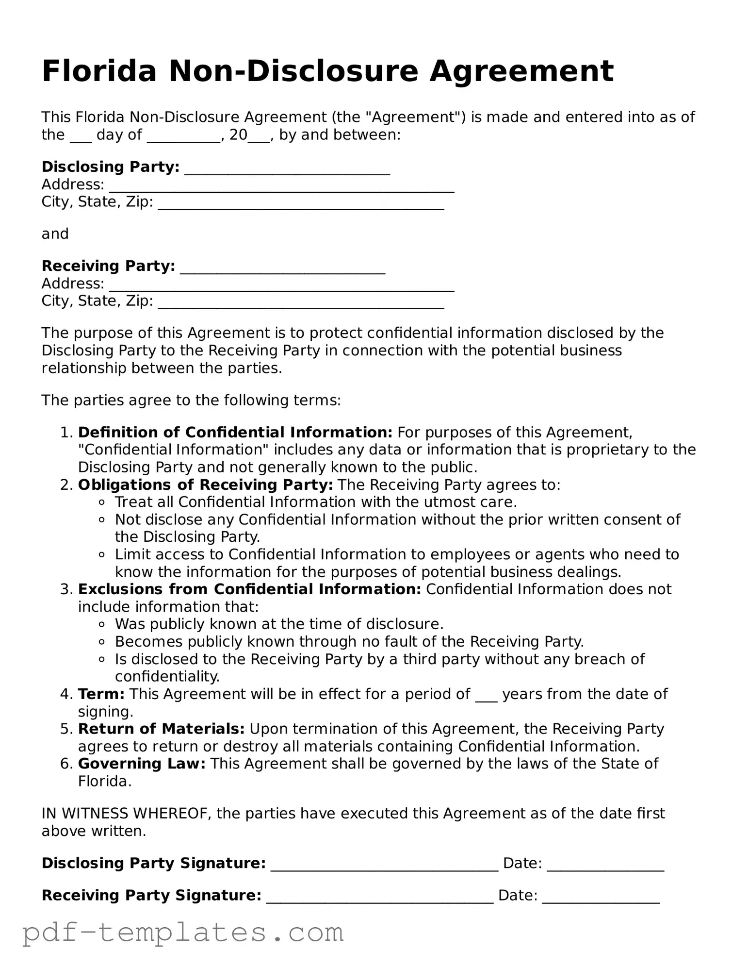 Official Non-disclosure Agreement Template for Florida State