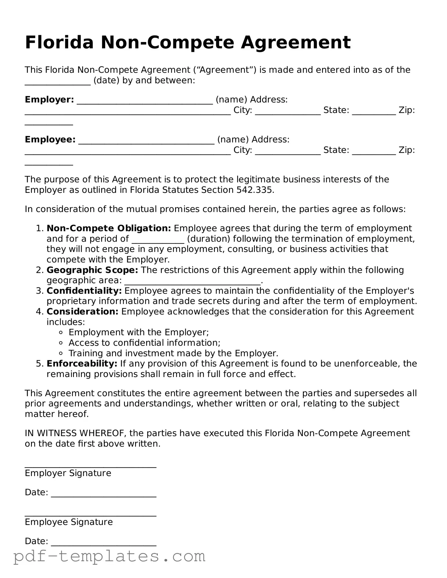 Official Non-compete Agreement Template for Florida State