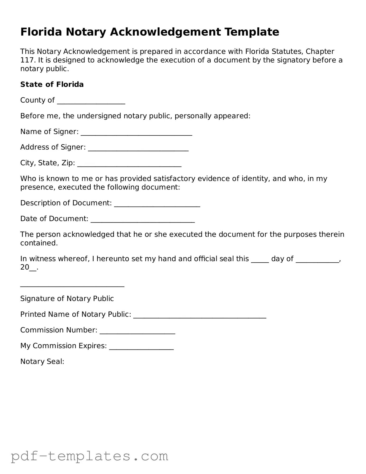 Official Notary Acknowledgement Template for Florida State