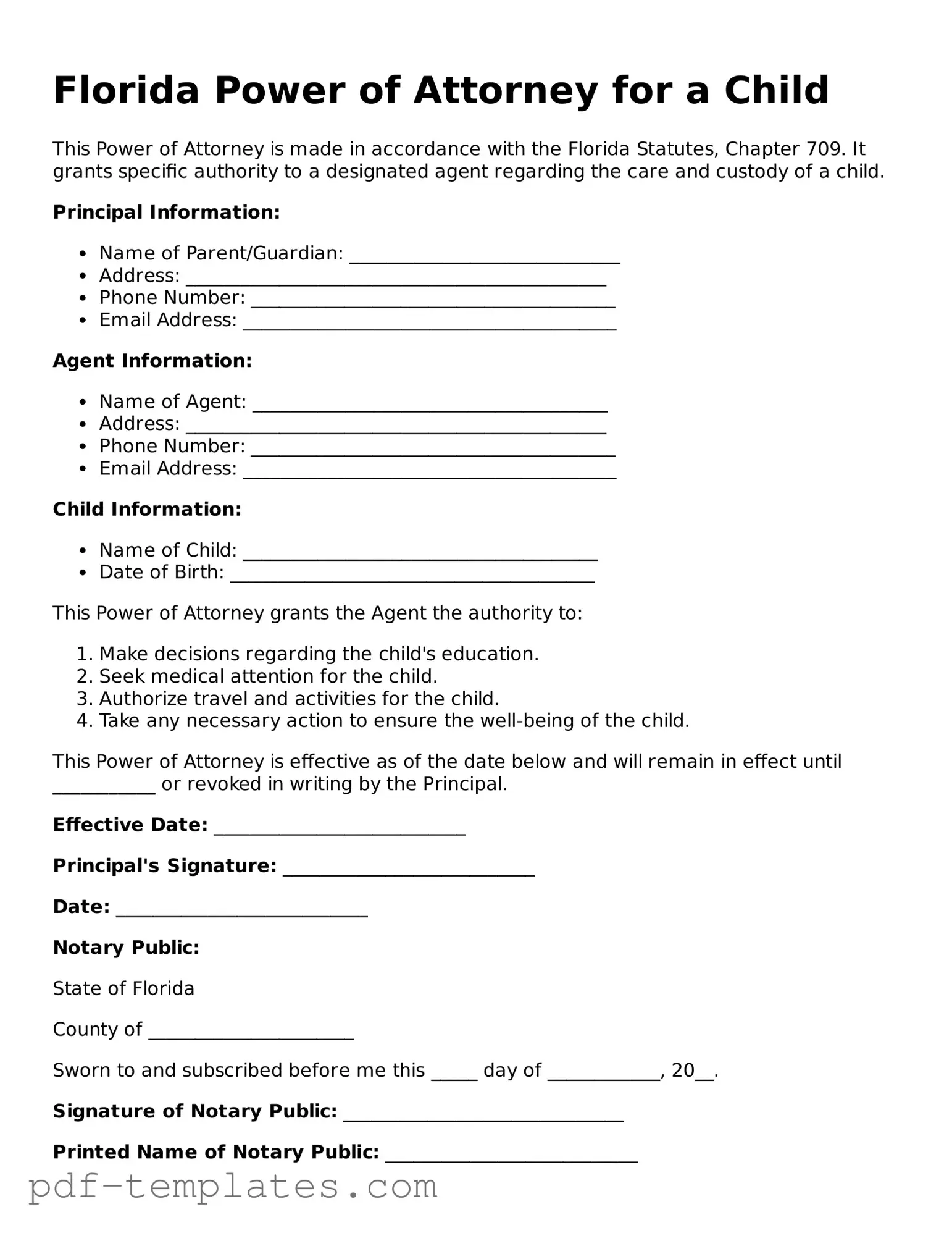 Official Power of Attorney for a Child Template for Florida State