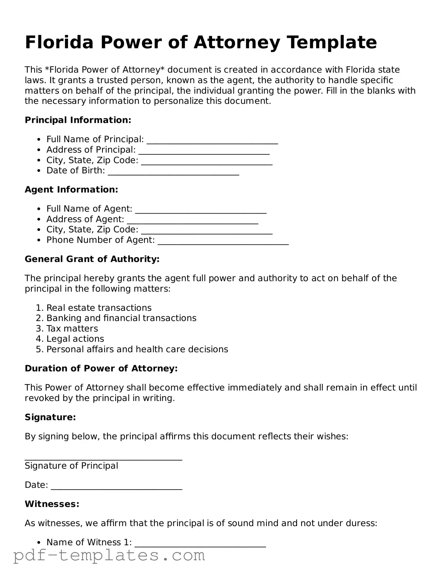 Official Power of Attorney Template for Florida State
