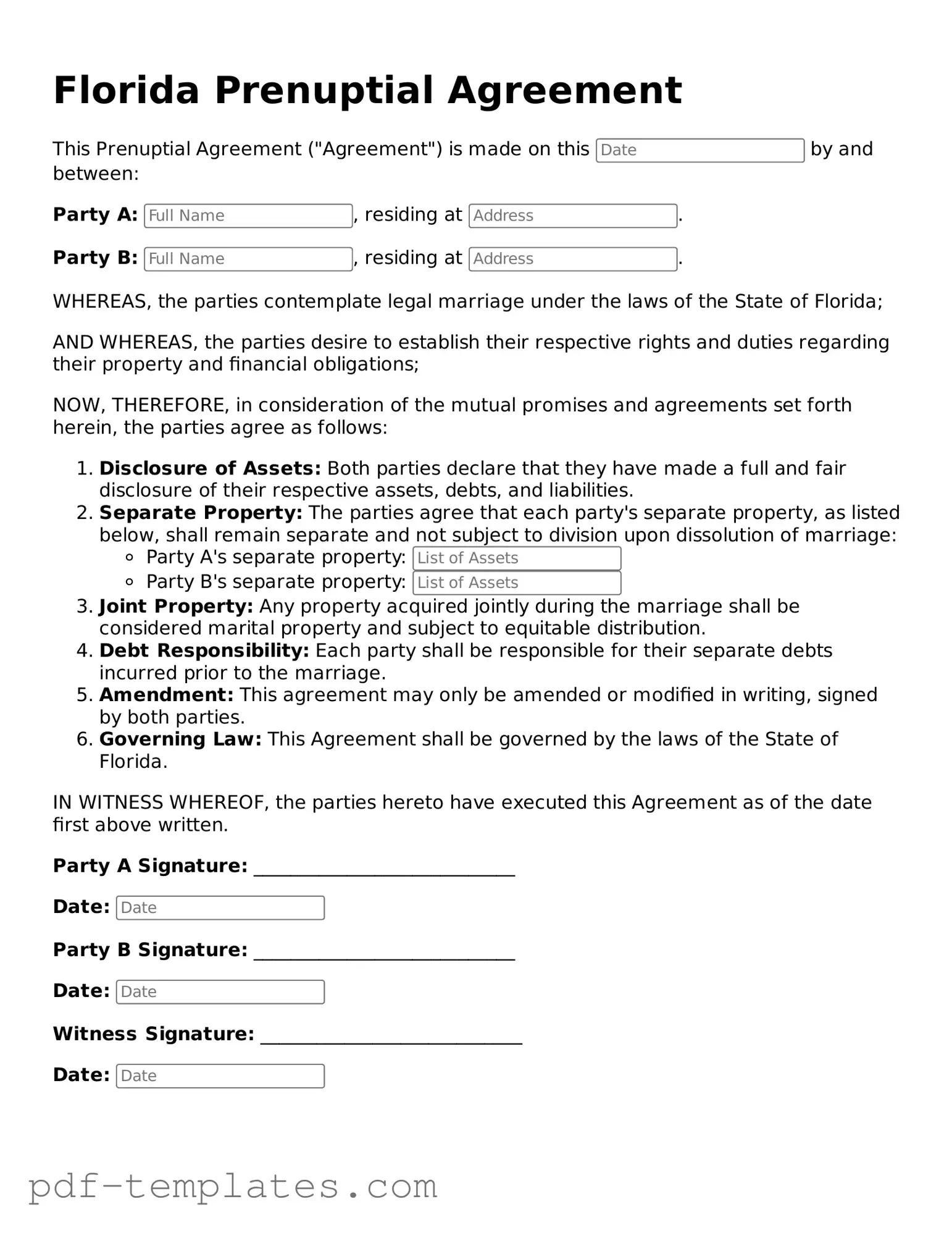 Official Prenuptial Agreement Template for Florida State