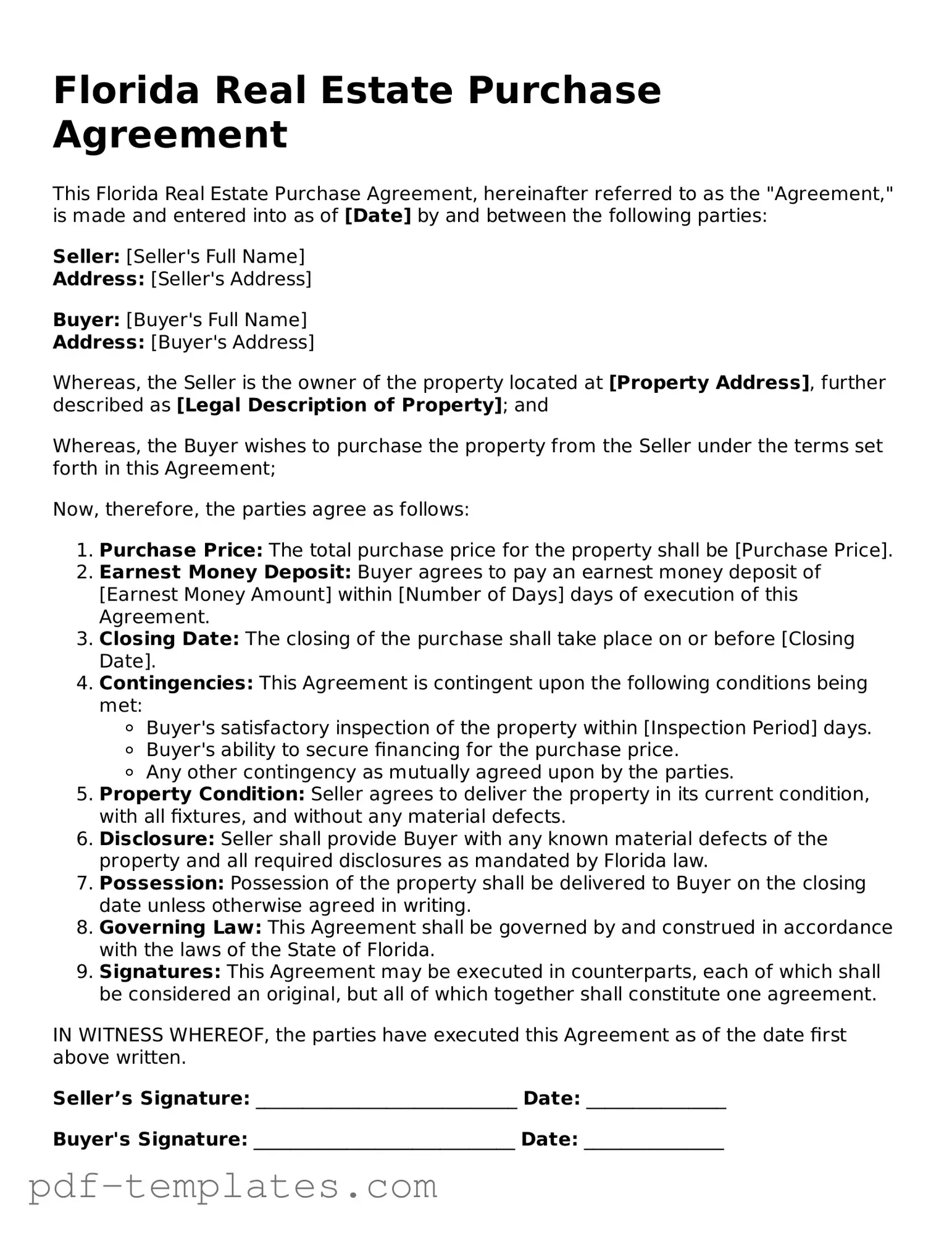 Official Real Estate Purchase Agreement Template for Florida State